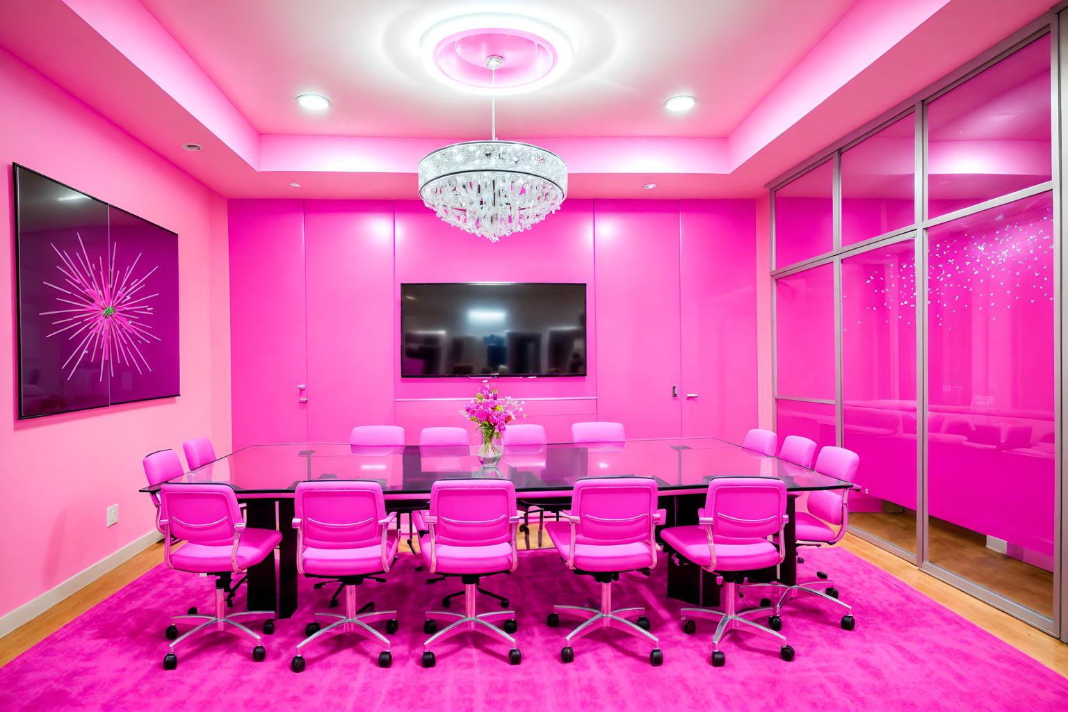 hot pink-style (meeting room interior) with painting or photo on wall and cabinets and glass walls and boardroom table and glass doors and vase and plant and office chairs. . with barbie sofa and hot pink barbie walls and barbie chairs and barbie glitter and sparkle and barbie closet and hot pink barbie colors and barbie style interior and barbie bold rosy hues like fuchsia and magenta. . cinematic photo, highly detailed, cinematic lighting, ultra-detailed, ultrarealistic, photorealism, 8k. hot pink interior design style. masterpiece, cinematic light, ultrarealistic+, photorealistic+, 8k, raw photo, realistic, sharp focus on eyes, (symmetrical eyes), (intact eyes), hyperrealistic, highest quality, best quality, , highly detailed, masterpiece, best quality, extremely detailed 8k wallpaper, masterpiece, best quality, ultra-detailed, best shadow, detailed background, detailed face, detailed eyes, high contrast, best illumination, detailed face, dulux, caustic, dynamic angle, detailed glow. dramatic lighting. highly detailed, insanely detailed hair, symmetrical, intricate details, professionally retouched, 8k high definition. strong bokeh. award winning photo.