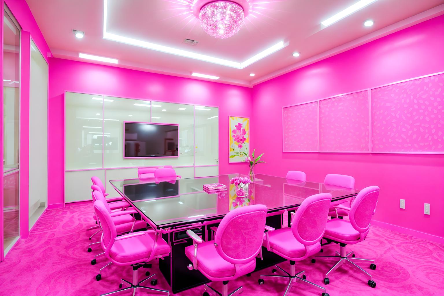 hot pink-style (meeting room interior) with painting or photo on wall and cabinets and glass walls and boardroom table and glass doors and vase and plant and office chairs. . with barbie sofa and hot pink barbie walls and barbie chairs and barbie glitter and sparkle and barbie closet and hot pink barbie colors and barbie style interior and barbie bold rosy hues like fuchsia and magenta. . cinematic photo, highly detailed, cinematic lighting, ultra-detailed, ultrarealistic, photorealism, 8k. hot pink interior design style. masterpiece, cinematic light, ultrarealistic+, photorealistic+, 8k, raw photo, realistic, sharp focus on eyes, (symmetrical eyes), (intact eyes), hyperrealistic, highest quality, best quality, , highly detailed, masterpiece, best quality, extremely detailed 8k wallpaper, masterpiece, best quality, ultra-detailed, best shadow, detailed background, detailed face, detailed eyes, high contrast, best illumination, detailed face, dulux, caustic, dynamic angle, detailed glow. dramatic lighting. highly detailed, insanely detailed hair, symmetrical, intricate details, professionally retouched, 8k high definition. strong bokeh. award winning photo.