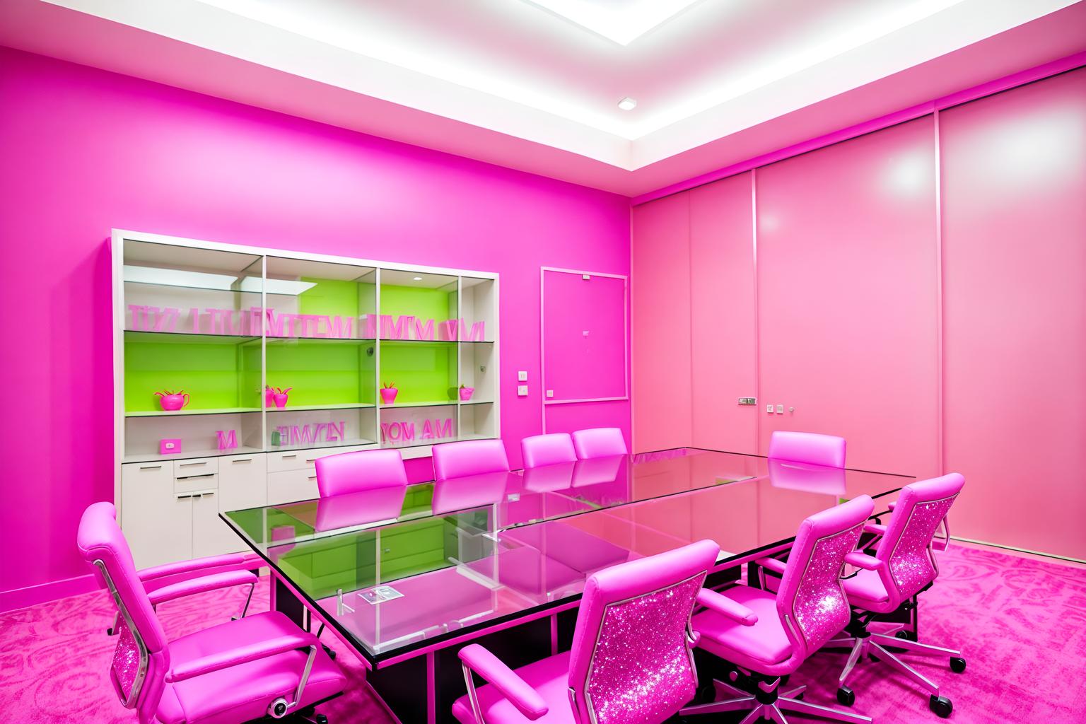 hot pink-style (meeting room interior) with painting or photo on wall and cabinets and glass walls and boardroom table and glass doors and vase and plant and office chairs. . with barbie sofa and hot pink barbie walls and barbie chairs and barbie glitter and sparkle and barbie closet and hot pink barbie colors and barbie style interior and barbie bold rosy hues like fuchsia and magenta. . cinematic photo, highly detailed, cinematic lighting, ultra-detailed, ultrarealistic, photorealism, 8k. hot pink interior design style. masterpiece, cinematic light, ultrarealistic+, photorealistic+, 8k, raw photo, realistic, sharp focus on eyes, (symmetrical eyes), (intact eyes), hyperrealistic, highest quality, best quality, , highly detailed, masterpiece, best quality, extremely detailed 8k wallpaper, masterpiece, best quality, ultra-detailed, best shadow, detailed background, detailed face, detailed eyes, high contrast, best illumination, detailed face, dulux, caustic, dynamic angle, detailed glow. dramatic lighting. highly detailed, insanely detailed hair, symmetrical, intricate details, professionally retouched, 8k high definition. strong bokeh. award winning photo.