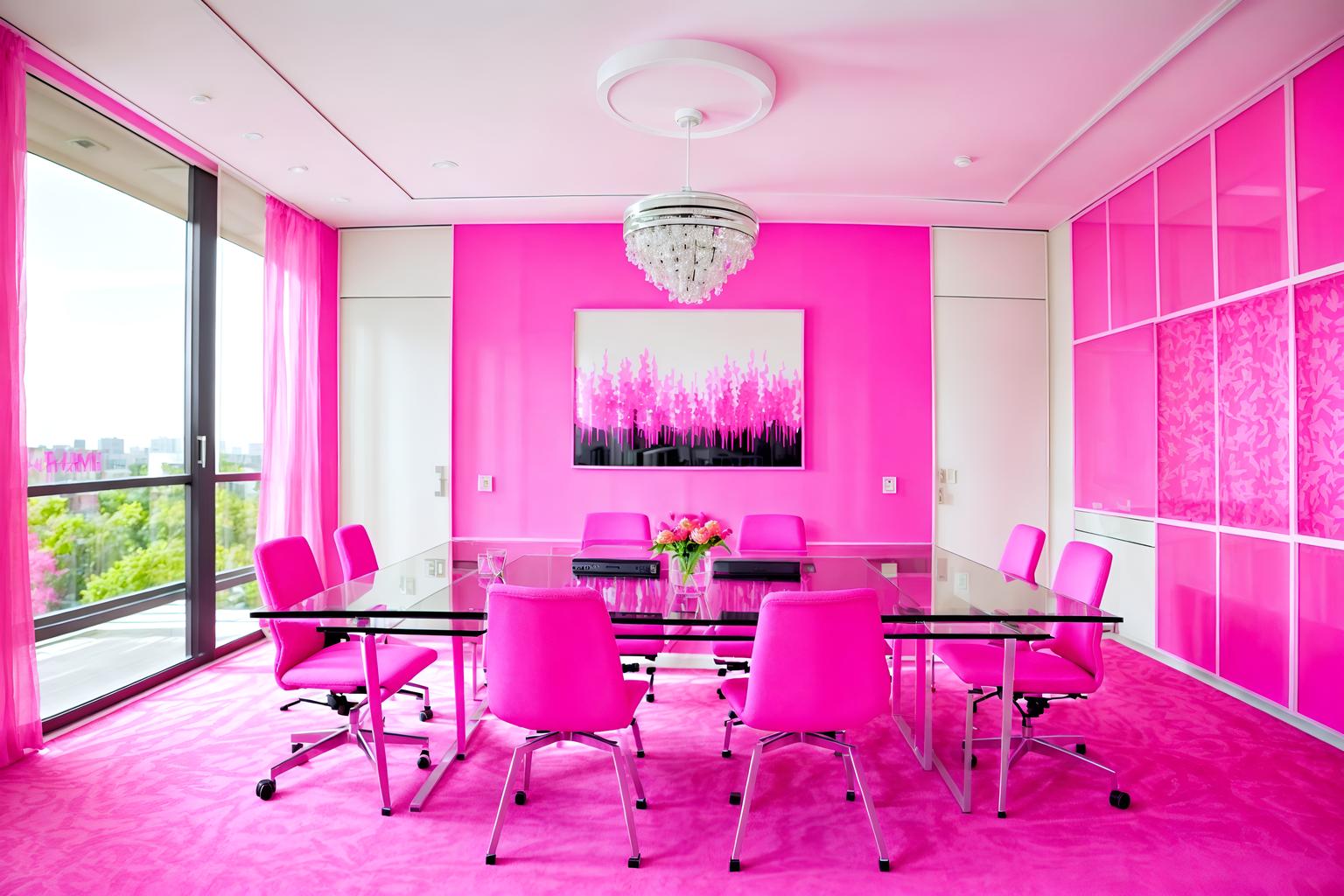 hot pink-style (meeting room interior) with painting or photo on wall and cabinets and glass walls and boardroom table and glass doors and vase and plant and office chairs. . with barbie sofa and hot pink barbie walls and barbie chairs and barbie glitter and sparkle and barbie closet and hot pink barbie colors and barbie style interior and barbie bold rosy hues like fuchsia and magenta. . cinematic photo, highly detailed, cinematic lighting, ultra-detailed, ultrarealistic, photorealism, 8k. hot pink interior design style. masterpiece, cinematic light, ultrarealistic+, photorealistic+, 8k, raw photo, realistic, sharp focus on eyes, (symmetrical eyes), (intact eyes), hyperrealistic, highest quality, best quality, , highly detailed, masterpiece, best quality, extremely detailed 8k wallpaper, masterpiece, best quality, ultra-detailed, best shadow, detailed background, detailed face, detailed eyes, high contrast, best illumination, detailed face, dulux, caustic, dynamic angle, detailed glow. dramatic lighting. highly detailed, insanely detailed hair, symmetrical, intricate details, professionally retouched, 8k high definition. strong bokeh. award winning photo.