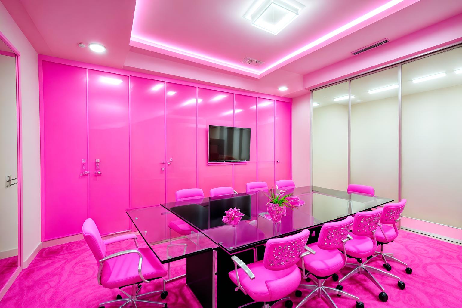 hot pink-style (meeting room interior) with painting or photo on wall and cabinets and glass walls and boardroom table and glass doors and vase and plant and office chairs. . with barbie sofa and hot pink barbie walls and barbie chairs and barbie glitter and sparkle and barbie closet and hot pink barbie colors and barbie style interior and barbie bold rosy hues like fuchsia and magenta. . cinematic photo, highly detailed, cinematic lighting, ultra-detailed, ultrarealistic, photorealism, 8k. hot pink interior design style. masterpiece, cinematic light, ultrarealistic+, photorealistic+, 8k, raw photo, realistic, sharp focus on eyes, (symmetrical eyes), (intact eyes), hyperrealistic, highest quality, best quality, , highly detailed, masterpiece, best quality, extremely detailed 8k wallpaper, masterpiece, best quality, ultra-detailed, best shadow, detailed background, detailed face, detailed eyes, high contrast, best illumination, detailed face, dulux, caustic, dynamic angle, detailed glow. dramatic lighting. highly detailed, insanely detailed hair, symmetrical, intricate details, professionally retouched, 8k high definition. strong bokeh. award winning photo.