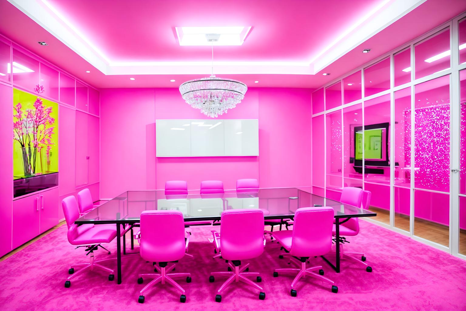 hot pink-style (meeting room interior) with painting or photo on wall and cabinets and glass walls and boardroom table and glass doors and vase and plant and office chairs. . with barbie sofa and hot pink barbie walls and barbie chairs and barbie glitter and sparkle and barbie closet and hot pink barbie colors and barbie style interior and barbie bold rosy hues like fuchsia and magenta. . cinematic photo, highly detailed, cinematic lighting, ultra-detailed, ultrarealistic, photorealism, 8k. hot pink interior design style. masterpiece, cinematic light, ultrarealistic+, photorealistic+, 8k, raw photo, realistic, sharp focus on eyes, (symmetrical eyes), (intact eyes), hyperrealistic, highest quality, best quality, , highly detailed, masterpiece, best quality, extremely detailed 8k wallpaper, masterpiece, best quality, ultra-detailed, best shadow, detailed background, detailed face, detailed eyes, high contrast, best illumination, detailed face, dulux, caustic, dynamic angle, detailed glow. dramatic lighting. highly detailed, insanely detailed hair, symmetrical, intricate details, professionally retouched, 8k high definition. strong bokeh. award winning photo.