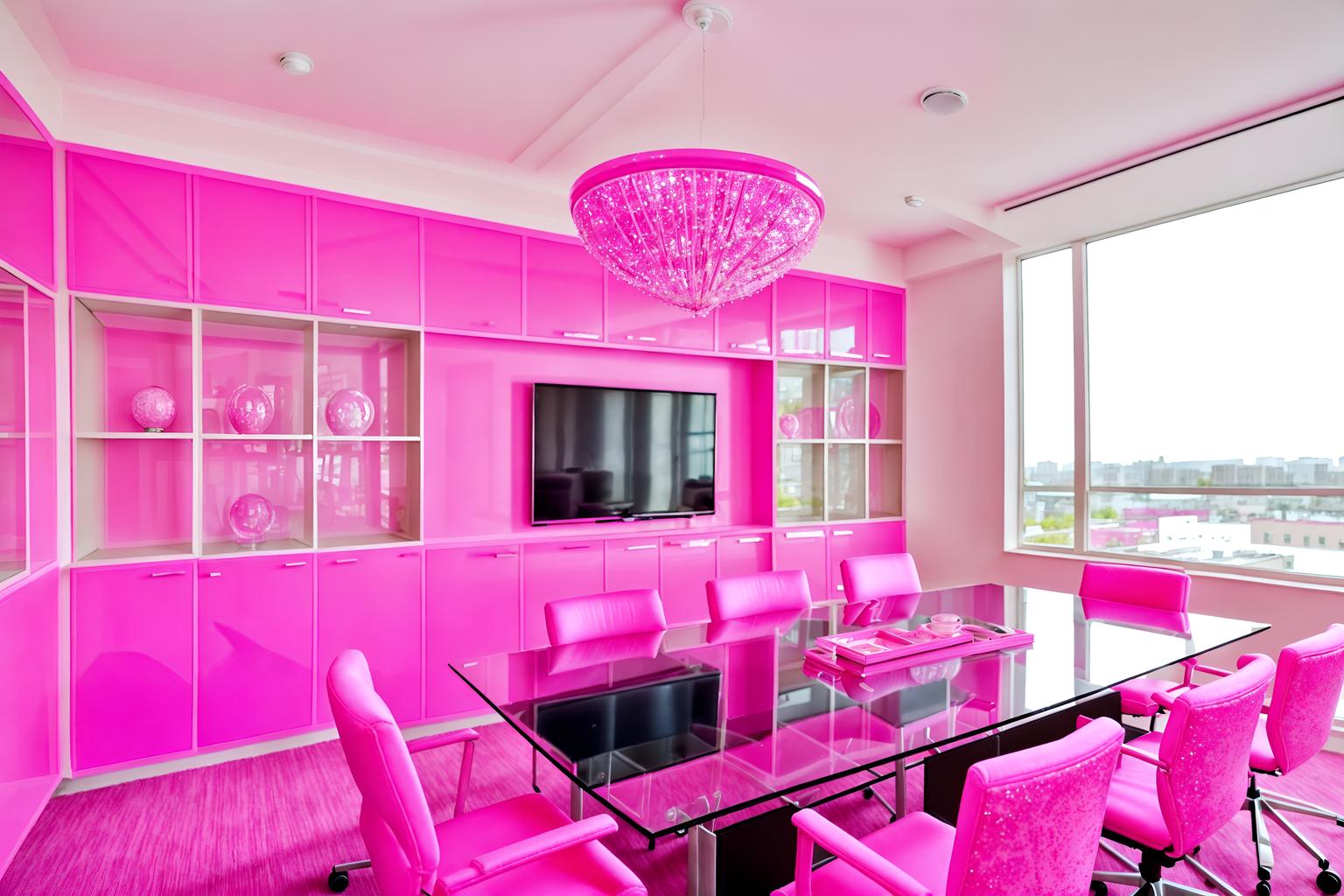 hot pink-style (meeting room interior) with painting or photo on wall and cabinets and glass walls and boardroom table and glass doors and vase and plant and office chairs. . with barbie sofa and hot pink barbie walls and barbie chairs and barbie glitter and sparkle and barbie closet and hot pink barbie colors and barbie style interior and barbie bold rosy hues like fuchsia and magenta. . cinematic photo, highly detailed, cinematic lighting, ultra-detailed, ultrarealistic, photorealism, 8k. hot pink interior design style. masterpiece, cinematic light, ultrarealistic+, photorealistic+, 8k, raw photo, realistic, sharp focus on eyes, (symmetrical eyes), (intact eyes), hyperrealistic, highest quality, best quality, , highly detailed, masterpiece, best quality, extremely detailed 8k wallpaper, masterpiece, best quality, ultra-detailed, best shadow, detailed background, detailed face, detailed eyes, high contrast, best illumination, detailed face, dulux, caustic, dynamic angle, detailed glow. dramatic lighting. highly detailed, insanely detailed hair, symmetrical, intricate details, professionally retouched, 8k high definition. strong bokeh. award winning photo.