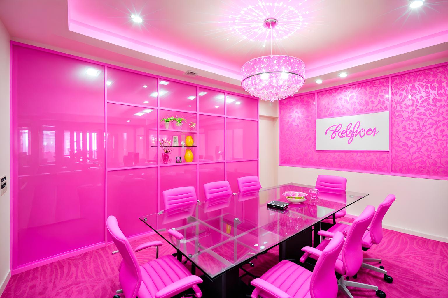 hot pink-style (meeting room interior) with painting or photo on wall and cabinets and glass walls and boardroom table and glass doors and vase and plant and office chairs. . with barbie sofa and hot pink barbie walls and barbie chairs and barbie glitter and sparkle and barbie closet and hot pink barbie colors and barbie style interior and barbie bold rosy hues like fuchsia and magenta. . cinematic photo, highly detailed, cinematic lighting, ultra-detailed, ultrarealistic, photorealism, 8k. hot pink interior design style. masterpiece, cinematic light, ultrarealistic+, photorealistic+, 8k, raw photo, realistic, sharp focus on eyes, (symmetrical eyes), (intact eyes), hyperrealistic, highest quality, best quality, , highly detailed, masterpiece, best quality, extremely detailed 8k wallpaper, masterpiece, best quality, ultra-detailed, best shadow, detailed background, detailed face, detailed eyes, high contrast, best illumination, detailed face, dulux, caustic, dynamic angle, detailed glow. dramatic lighting. highly detailed, insanely detailed hair, symmetrical, intricate details, professionally retouched, 8k high definition. strong bokeh. award winning photo.