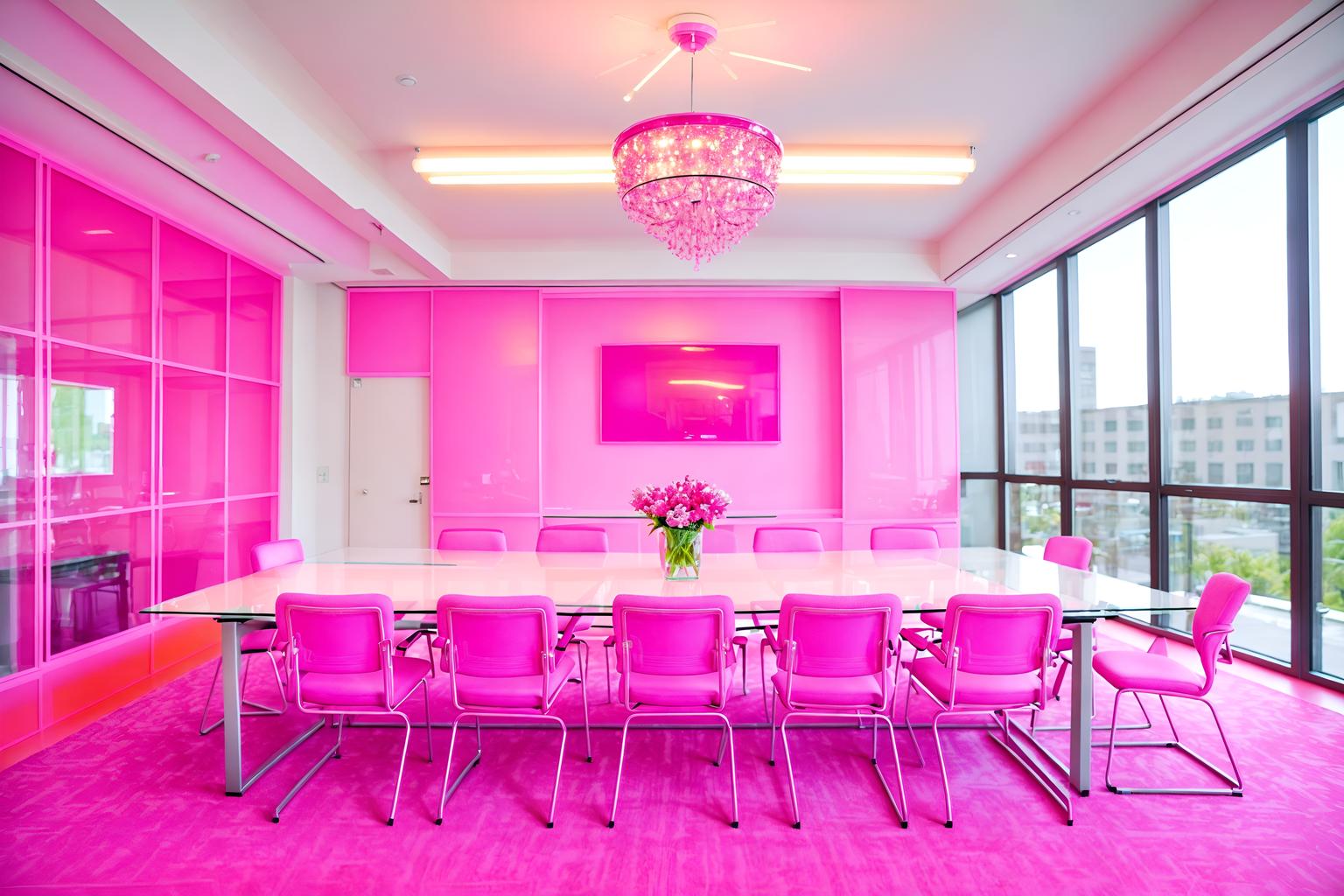 hot pink-style (meeting room interior) with painting or photo on wall and cabinets and glass walls and boardroom table and glass doors and vase and plant and office chairs. . with barbie sofa and hot pink barbie walls and barbie chairs and barbie glitter and sparkle and barbie closet and hot pink barbie colors and barbie style interior and barbie bold rosy hues like fuchsia and magenta. . cinematic photo, highly detailed, cinematic lighting, ultra-detailed, ultrarealistic, photorealism, 8k. hot pink interior design style. masterpiece, cinematic light, ultrarealistic+, photorealistic+, 8k, raw photo, realistic, sharp focus on eyes, (symmetrical eyes), (intact eyes), hyperrealistic, highest quality, best quality, , highly detailed, masterpiece, best quality, extremely detailed 8k wallpaper, masterpiece, best quality, ultra-detailed, best shadow, detailed background, detailed face, detailed eyes, high contrast, best illumination, detailed face, dulux, caustic, dynamic angle, detailed glow. dramatic lighting. highly detailed, insanely detailed hair, symmetrical, intricate details, professionally retouched, 8k high definition. strong bokeh. award winning photo.