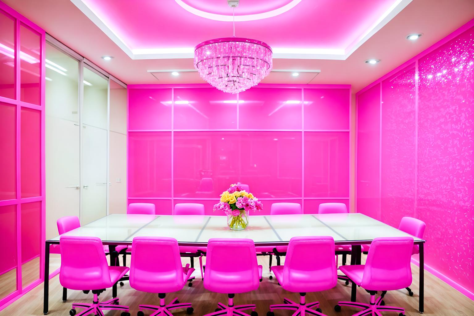 hot pink-style (meeting room interior) with painting or photo on wall and cabinets and glass walls and boardroom table and glass doors and vase and plant and office chairs. . with barbie sofa and hot pink barbie walls and barbie chairs and barbie glitter and sparkle and barbie closet and hot pink barbie colors and barbie style interior and barbie bold rosy hues like fuchsia and magenta. . cinematic photo, highly detailed, cinematic lighting, ultra-detailed, ultrarealistic, photorealism, 8k. hot pink interior design style. masterpiece, cinematic light, ultrarealistic+, photorealistic+, 8k, raw photo, realistic, sharp focus on eyes, (symmetrical eyes), (intact eyes), hyperrealistic, highest quality, best quality, , highly detailed, masterpiece, best quality, extremely detailed 8k wallpaper, masterpiece, best quality, ultra-detailed, best shadow, detailed background, detailed face, detailed eyes, high contrast, best illumination, detailed face, dulux, caustic, dynamic angle, detailed glow. dramatic lighting. highly detailed, insanely detailed hair, symmetrical, intricate details, professionally retouched, 8k high definition. strong bokeh. award winning photo.