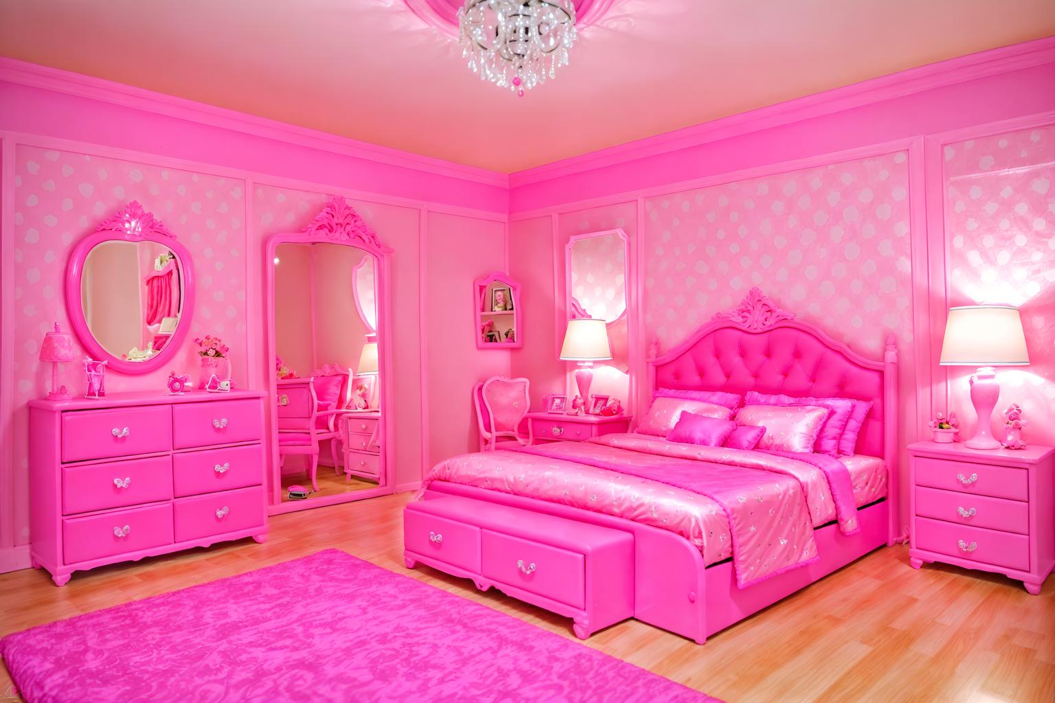 hot pink-style (bedroom interior) with plant and bed and dresser closet and bedside table or night stand and mirror and night light and accent chair and headboard. . with barbie plastic interior and barbie bold rosy hues like fuchsia and magenta and barbie style interior and barbie chairs and barbie glitter and sparkle and barbie sofa and hot pink barbie walls and hot pink barbie colors. . cinematic photo, highly detailed, cinematic lighting, ultra-detailed, ultrarealistic, photorealism, 8k. hot pink interior design style. masterpiece, cinematic light, ultrarealistic+, photorealistic+, 8k, raw photo, realistic, sharp focus on eyes, (symmetrical eyes), (intact eyes), hyperrealistic, highest quality, best quality, , highly detailed, masterpiece, best quality, extremely detailed 8k wallpaper, masterpiece, best quality, ultra-detailed, best shadow, detailed background, detailed face, detailed eyes, high contrast, best illumination, detailed face, dulux, caustic, dynamic angle, detailed glow. dramatic lighting. highly detailed, insanely detailed hair, symmetrical, intricate details, professionally retouched, 8k high definition. strong bokeh. award winning photo.