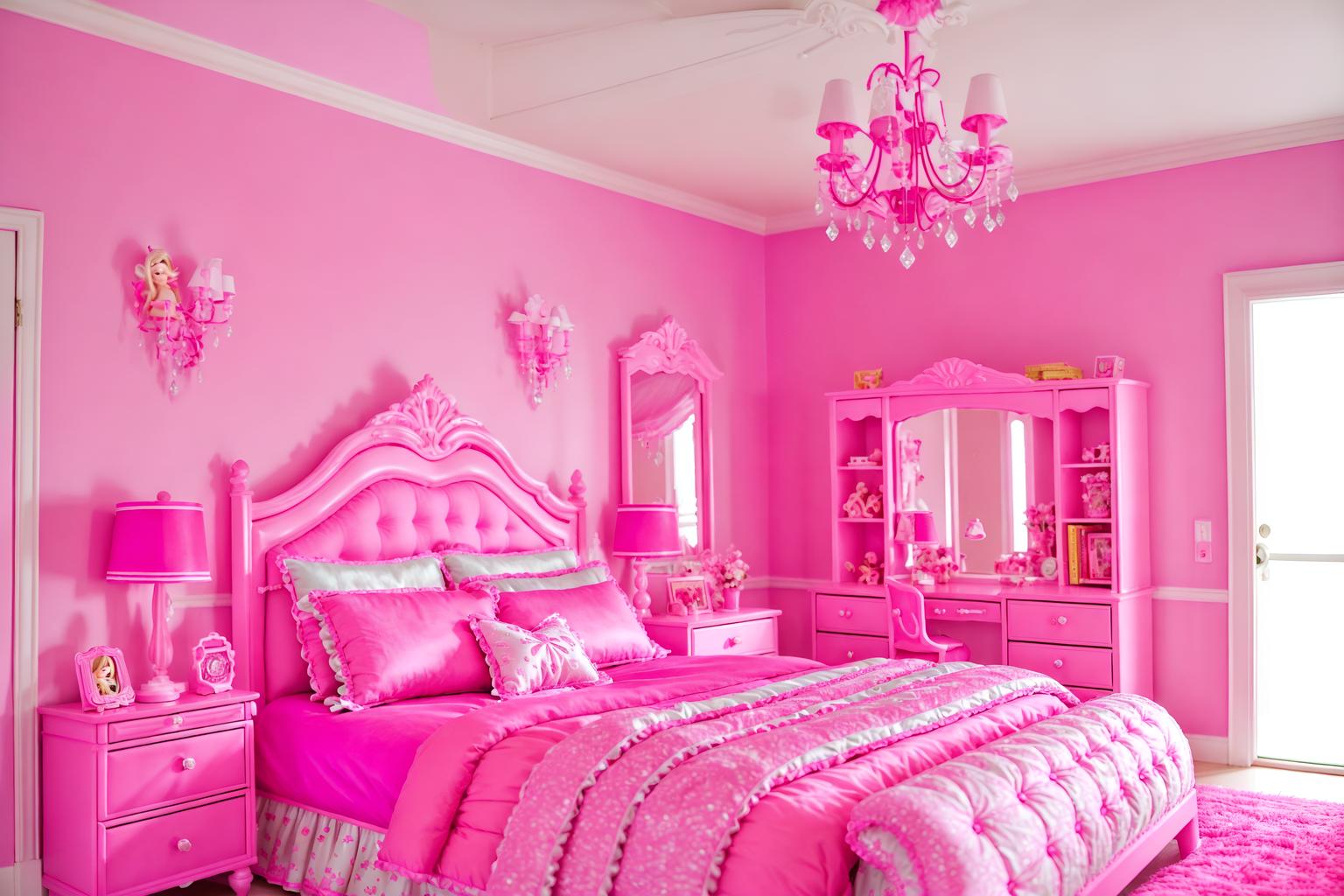 hot pink-style (bedroom interior) with plant and bed and dresser closet and bedside table or night stand and mirror and night light and accent chair and headboard. . with barbie plastic interior and barbie bold rosy hues like fuchsia and magenta and barbie style interior and barbie chairs and barbie glitter and sparkle and barbie sofa and hot pink barbie walls and hot pink barbie colors. . cinematic photo, highly detailed, cinematic lighting, ultra-detailed, ultrarealistic, photorealism, 8k. hot pink interior design style. masterpiece, cinematic light, ultrarealistic+, photorealistic+, 8k, raw photo, realistic, sharp focus on eyes, (symmetrical eyes), (intact eyes), hyperrealistic, highest quality, best quality, , highly detailed, masterpiece, best quality, extremely detailed 8k wallpaper, masterpiece, best quality, ultra-detailed, best shadow, detailed background, detailed face, detailed eyes, high contrast, best illumination, detailed face, dulux, caustic, dynamic angle, detailed glow. dramatic lighting. highly detailed, insanely detailed hair, symmetrical, intricate details, professionally retouched, 8k high definition. strong bokeh. award winning photo.