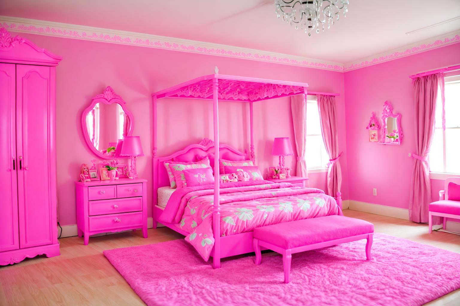 hot pink-style (bedroom interior) with plant and bed and dresser closet and bedside table or night stand and mirror and night light and accent chair and headboard. . with barbie plastic interior and barbie bold rosy hues like fuchsia and magenta and barbie style interior and barbie chairs and barbie glitter and sparkle and barbie sofa and hot pink barbie walls and hot pink barbie colors. . cinematic photo, highly detailed, cinematic lighting, ultra-detailed, ultrarealistic, photorealism, 8k. hot pink interior design style. masterpiece, cinematic light, ultrarealistic+, photorealistic+, 8k, raw photo, realistic, sharp focus on eyes, (symmetrical eyes), (intact eyes), hyperrealistic, highest quality, best quality, , highly detailed, masterpiece, best quality, extremely detailed 8k wallpaper, masterpiece, best quality, ultra-detailed, best shadow, detailed background, detailed face, detailed eyes, high contrast, best illumination, detailed face, dulux, caustic, dynamic angle, detailed glow. dramatic lighting. highly detailed, insanely detailed hair, symmetrical, intricate details, professionally retouched, 8k high definition. strong bokeh. award winning photo.