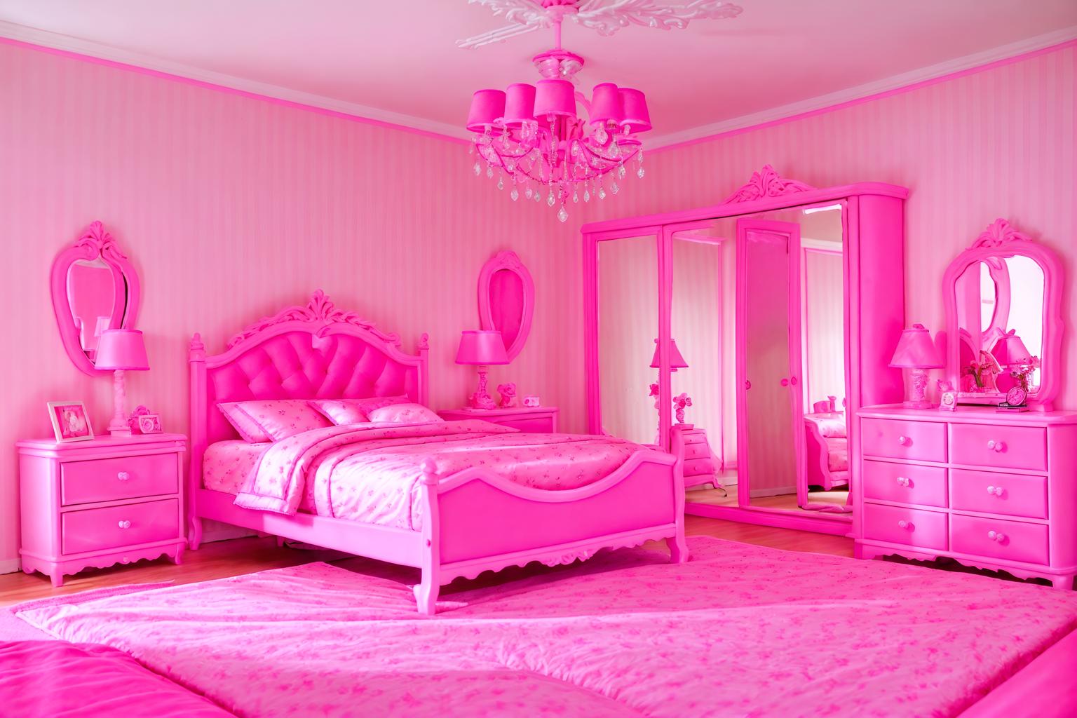 hot pink-style (bedroom interior) with plant and bed and dresser closet and bedside table or night stand and mirror and night light and accent chair and headboard. . with barbie plastic interior and barbie bold rosy hues like fuchsia and magenta and barbie style interior and barbie chairs and barbie glitter and sparkle and barbie sofa and hot pink barbie walls and hot pink barbie colors. . cinematic photo, highly detailed, cinematic lighting, ultra-detailed, ultrarealistic, photorealism, 8k. hot pink interior design style. masterpiece, cinematic light, ultrarealistic+, photorealistic+, 8k, raw photo, realistic, sharp focus on eyes, (symmetrical eyes), (intact eyes), hyperrealistic, highest quality, best quality, , highly detailed, masterpiece, best quality, extremely detailed 8k wallpaper, masterpiece, best quality, ultra-detailed, best shadow, detailed background, detailed face, detailed eyes, high contrast, best illumination, detailed face, dulux, caustic, dynamic angle, detailed glow. dramatic lighting. highly detailed, insanely detailed hair, symmetrical, intricate details, professionally retouched, 8k high definition. strong bokeh. award winning photo.