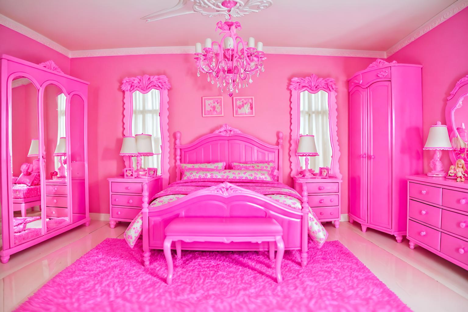 hot pink-style (bedroom interior) with plant and bed and dresser closet and bedside table or night stand and mirror and night light and accent chair and headboard. . with barbie plastic interior and barbie bold rosy hues like fuchsia and magenta and barbie style interior and barbie chairs and barbie glitter and sparkle and barbie sofa and hot pink barbie walls and hot pink barbie colors. . cinematic photo, highly detailed, cinematic lighting, ultra-detailed, ultrarealistic, photorealism, 8k. hot pink interior design style. masterpiece, cinematic light, ultrarealistic+, photorealistic+, 8k, raw photo, realistic, sharp focus on eyes, (symmetrical eyes), (intact eyes), hyperrealistic, highest quality, best quality, , highly detailed, masterpiece, best quality, extremely detailed 8k wallpaper, masterpiece, best quality, ultra-detailed, best shadow, detailed background, detailed face, detailed eyes, high contrast, best illumination, detailed face, dulux, caustic, dynamic angle, detailed glow. dramatic lighting. highly detailed, insanely detailed hair, symmetrical, intricate details, professionally retouched, 8k high definition. strong bokeh. award winning photo.