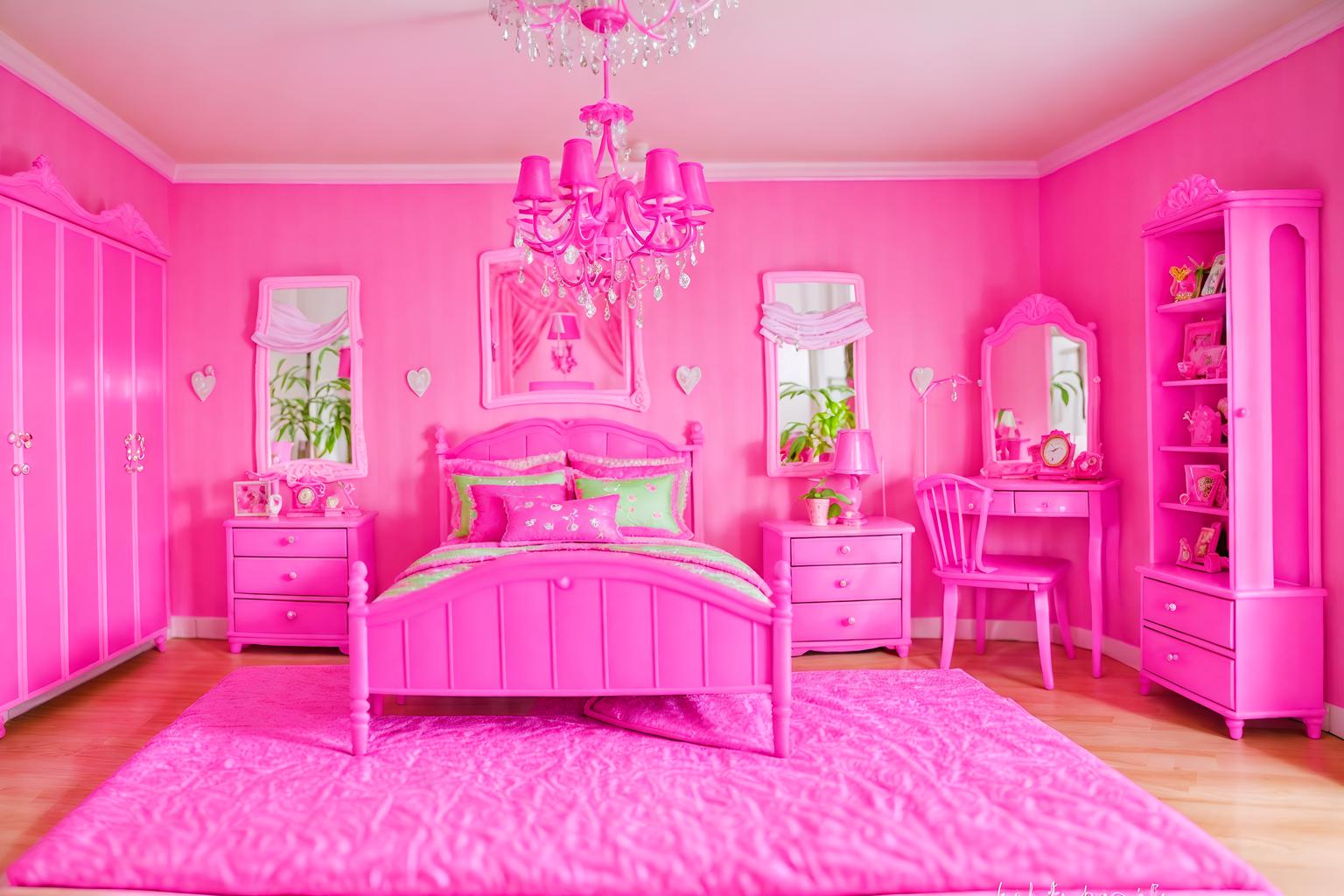 hot pink-style (bedroom interior) with plant and bed and dresser closet and bedside table or night stand and mirror and night light and accent chair and headboard. . with barbie plastic interior and barbie bold rosy hues like fuchsia and magenta and barbie style interior and barbie chairs and barbie glitter and sparkle and barbie sofa and hot pink barbie walls and hot pink barbie colors. . cinematic photo, highly detailed, cinematic lighting, ultra-detailed, ultrarealistic, photorealism, 8k. hot pink interior design style. masterpiece, cinematic light, ultrarealistic+, photorealistic+, 8k, raw photo, realistic, sharp focus on eyes, (symmetrical eyes), (intact eyes), hyperrealistic, highest quality, best quality, , highly detailed, masterpiece, best quality, extremely detailed 8k wallpaper, masterpiece, best quality, ultra-detailed, best shadow, detailed background, detailed face, detailed eyes, high contrast, best illumination, detailed face, dulux, caustic, dynamic angle, detailed glow. dramatic lighting. highly detailed, insanely detailed hair, symmetrical, intricate details, professionally retouched, 8k high definition. strong bokeh. award winning photo.