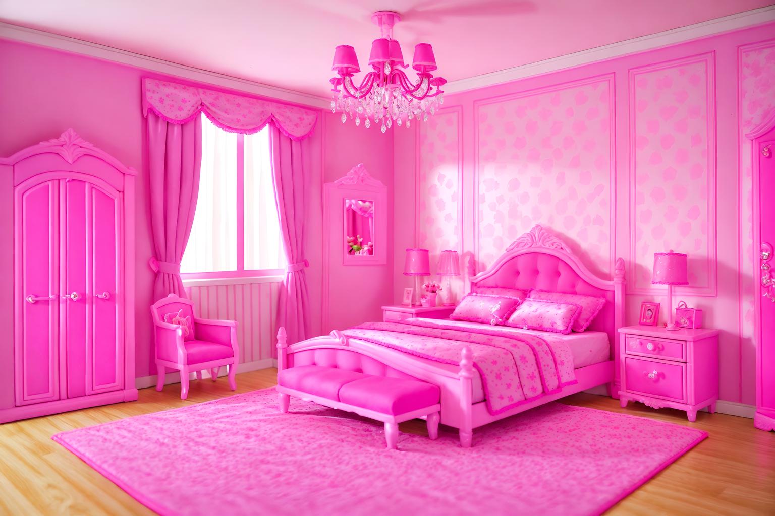 hot pink-style (bedroom interior) with plant and bed and dresser closet and bedside table or night stand and mirror and night light and accent chair and headboard. . with barbie plastic interior and barbie bold rosy hues like fuchsia and magenta and barbie style interior and barbie chairs and barbie glitter and sparkle and barbie sofa and hot pink barbie walls and hot pink barbie colors. . cinematic photo, highly detailed, cinematic lighting, ultra-detailed, ultrarealistic, photorealism, 8k. hot pink interior design style. masterpiece, cinematic light, ultrarealistic+, photorealistic+, 8k, raw photo, realistic, sharp focus on eyes, (symmetrical eyes), (intact eyes), hyperrealistic, highest quality, best quality, , highly detailed, masterpiece, best quality, extremely detailed 8k wallpaper, masterpiece, best quality, ultra-detailed, best shadow, detailed background, detailed face, detailed eyes, high contrast, best illumination, detailed face, dulux, caustic, dynamic angle, detailed glow. dramatic lighting. highly detailed, insanely detailed hair, symmetrical, intricate details, professionally retouched, 8k high definition. strong bokeh. award winning photo.