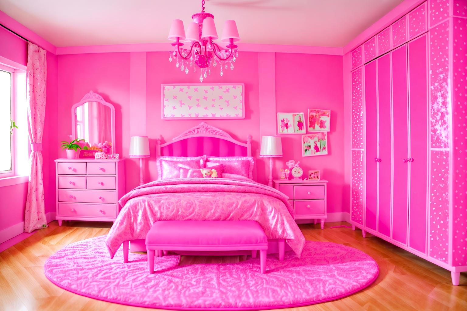 hot pink-style (bedroom interior) with plant and bed and dresser closet and bedside table or night stand and mirror and night light and accent chair and headboard. . with barbie plastic interior and barbie bold rosy hues like fuchsia and magenta and barbie style interior and barbie chairs and barbie glitter and sparkle and barbie sofa and hot pink barbie walls and hot pink barbie colors. . cinematic photo, highly detailed, cinematic lighting, ultra-detailed, ultrarealistic, photorealism, 8k. hot pink interior design style. masterpiece, cinematic light, ultrarealistic+, photorealistic+, 8k, raw photo, realistic, sharp focus on eyes, (symmetrical eyes), (intact eyes), hyperrealistic, highest quality, best quality, , highly detailed, masterpiece, best quality, extremely detailed 8k wallpaper, masterpiece, best quality, ultra-detailed, best shadow, detailed background, detailed face, detailed eyes, high contrast, best illumination, detailed face, dulux, caustic, dynamic angle, detailed glow. dramatic lighting. highly detailed, insanely detailed hair, symmetrical, intricate details, professionally retouched, 8k high definition. strong bokeh. award winning photo.