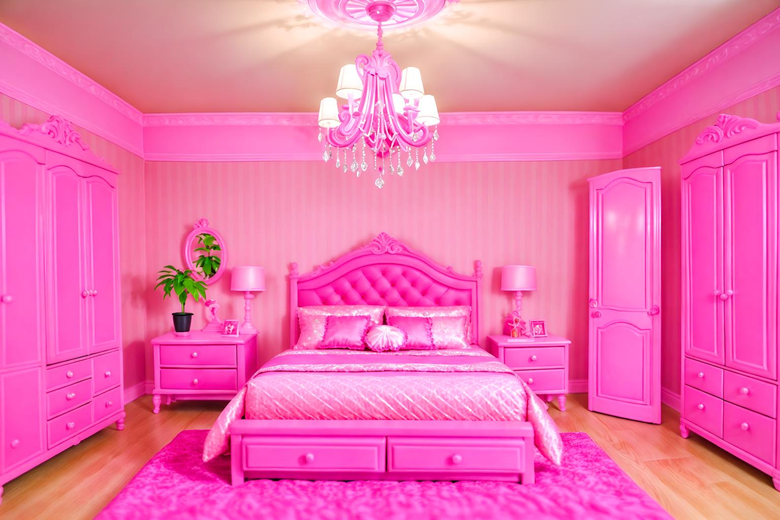 hot pink-style (bedroom interior) with plant and bed and dresser closet and bedside table or night stand and mirror and night light and accent chair and headboard. . with barbie plastic interior and barbie bold rosy hues like fuchsia and magenta and barbie style interior and barbie chairs and barbie glitter and sparkle and barbie sofa and hot pink barbie walls and hot pink barbie colors. . cinematic photo, highly detailed, cinematic lighting, ultra-detailed, ultrarealistic, photorealism, 8k. hot pink interior design style. masterpiece, cinematic light, ultrarealistic+, photorealistic+, 8k, raw photo, realistic, sharp focus on eyes, (symmetrical eyes), (intact eyes), hyperrealistic, highest quality, best quality, , highly detailed, masterpiece, best quality, extremely detailed 8k wallpaper, masterpiece, best quality, ultra-detailed, best shadow, detailed background, detailed face, detailed eyes, high contrast, best illumination, detailed face, dulux, caustic, dynamic angle, detailed glow. dramatic lighting. highly detailed, insanely detailed hair, symmetrical, intricate details, professionally retouched, 8k high definition. strong bokeh. award winning photo.
