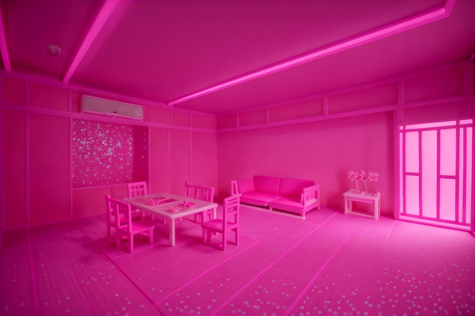 hot pink-style (onsen interior) . with barbie chairs and barbie closet and hot pink barbie colors and barbie sofa and barbie bold rosy hues like fuchsia and magenta and barbie glitter and sparkle and barbie plastic interior and hot pink barbie walls. . cinematic photo, highly detailed, cinematic lighting, ultra-detailed, ultrarealistic, photorealism, 8k. hot pink interior design style. masterpiece, cinematic light, ultrarealistic+, photorealistic+, 8k, raw photo, realistic, sharp focus on eyes, (symmetrical eyes), (intact eyes), hyperrealistic, highest quality, best quality, , highly detailed, masterpiece, best quality, extremely detailed 8k wallpaper, masterpiece, best quality, ultra-detailed, best shadow, detailed background, detailed face, detailed eyes, high contrast, best illumination, detailed face, dulux, caustic, dynamic angle, detailed glow. dramatic lighting. highly detailed, insanely detailed hair, symmetrical, intricate details, professionally retouched, 8k high definition. strong bokeh. award winning photo.