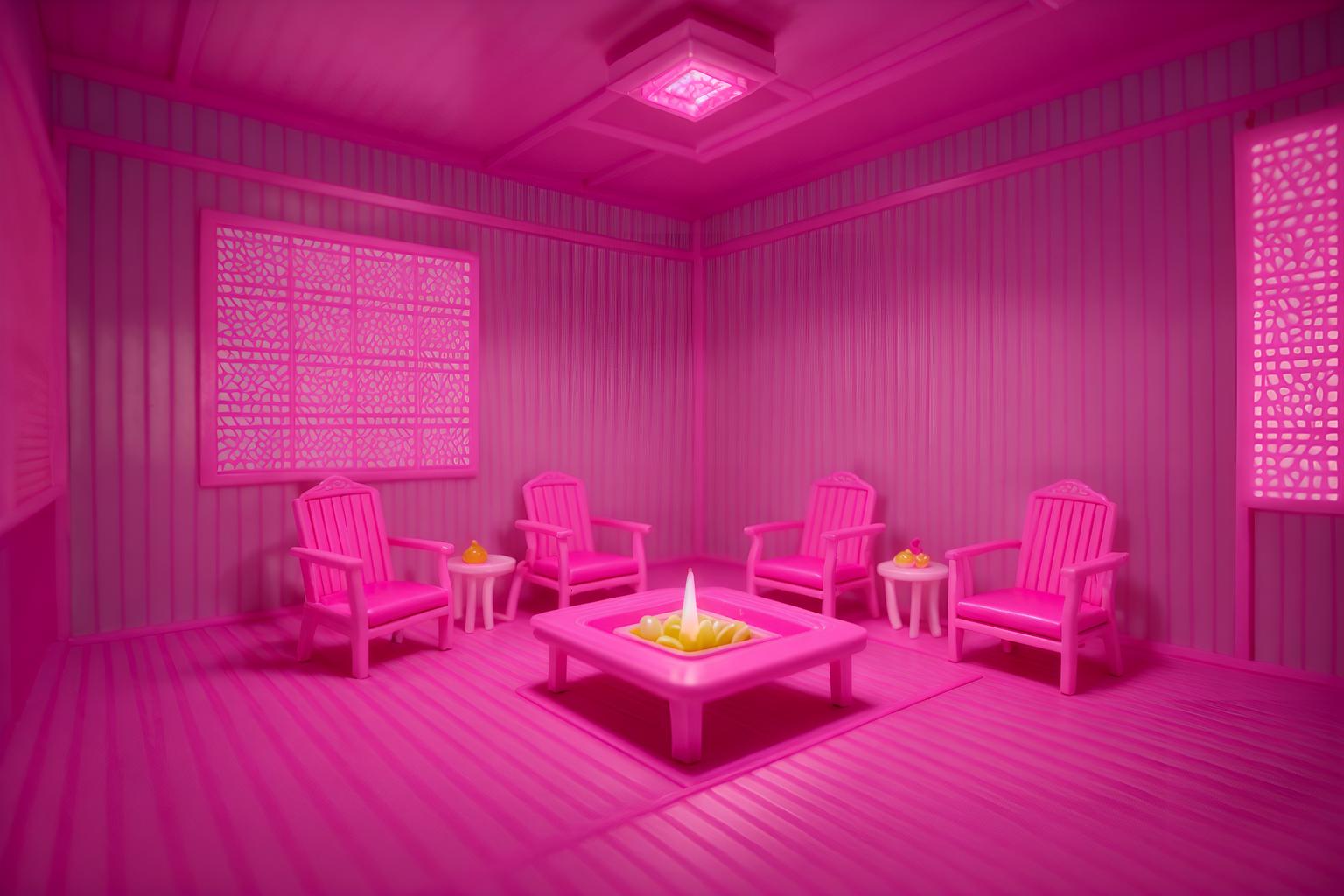 hot pink-style (onsen interior) . with barbie chairs and barbie closet and hot pink barbie colors and barbie sofa and barbie bold rosy hues like fuchsia and magenta and barbie glitter and sparkle and barbie plastic interior and hot pink barbie walls. . cinematic photo, highly detailed, cinematic lighting, ultra-detailed, ultrarealistic, photorealism, 8k. hot pink interior design style. masterpiece, cinematic light, ultrarealistic+, photorealistic+, 8k, raw photo, realistic, sharp focus on eyes, (symmetrical eyes), (intact eyes), hyperrealistic, highest quality, best quality, , highly detailed, masterpiece, best quality, extremely detailed 8k wallpaper, masterpiece, best quality, ultra-detailed, best shadow, detailed background, detailed face, detailed eyes, high contrast, best illumination, detailed face, dulux, caustic, dynamic angle, detailed glow. dramatic lighting. highly detailed, insanely detailed hair, symmetrical, intricate details, professionally retouched, 8k high definition. strong bokeh. award winning photo.