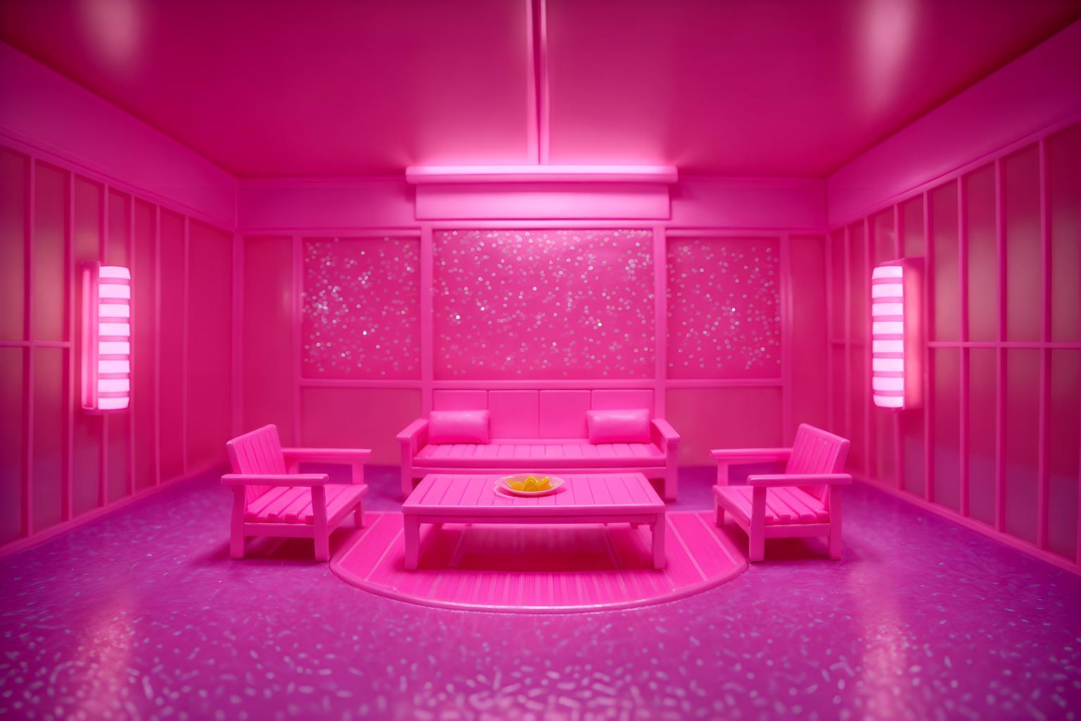 hot pink-style (onsen interior) . with barbie chairs and barbie closet and hot pink barbie colors and barbie sofa and barbie bold rosy hues like fuchsia and magenta and barbie glitter and sparkle and barbie plastic interior and hot pink barbie walls. . cinematic photo, highly detailed, cinematic lighting, ultra-detailed, ultrarealistic, photorealism, 8k. hot pink interior design style. masterpiece, cinematic light, ultrarealistic+, photorealistic+, 8k, raw photo, realistic, sharp focus on eyes, (symmetrical eyes), (intact eyes), hyperrealistic, highest quality, best quality, , highly detailed, masterpiece, best quality, extremely detailed 8k wallpaper, masterpiece, best quality, ultra-detailed, best shadow, detailed background, detailed face, detailed eyes, high contrast, best illumination, detailed face, dulux, caustic, dynamic angle, detailed glow. dramatic lighting. highly detailed, insanely detailed hair, symmetrical, intricate details, professionally retouched, 8k high definition. strong bokeh. award winning photo.