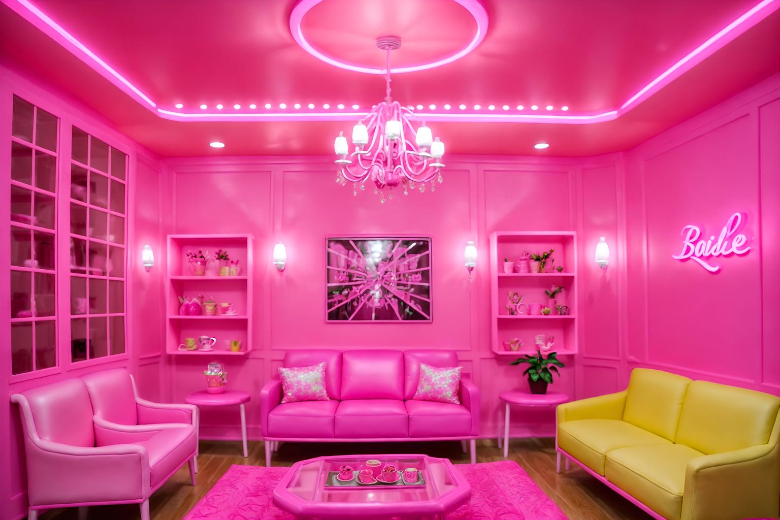 hot pink-style (coffee shop interior) . with barbie sofa and barbie closet and barbie bold rosy hues like fuchsia and magenta and barbie plastic interior and hot pink barbie colors and barbie style interior and hot pink barbie walls and barbie glitter and sparkle. . cinematic photo, highly detailed, cinematic lighting, ultra-detailed, ultrarealistic, photorealism, 8k. hot pink interior design style. masterpiece, cinematic light, ultrarealistic+, photorealistic+, 8k, raw photo, realistic, sharp focus on eyes, (symmetrical eyes), (intact eyes), hyperrealistic, highest quality, best quality, , highly detailed, masterpiece, best quality, extremely detailed 8k wallpaper, masterpiece, best quality, ultra-detailed, best shadow, detailed background, detailed face, detailed eyes, high contrast, best illumination, detailed face, dulux, caustic, dynamic angle, detailed glow. dramatic lighting. highly detailed, insanely detailed hair, symmetrical, intricate details, professionally retouched, 8k high definition. strong bokeh. award winning photo.