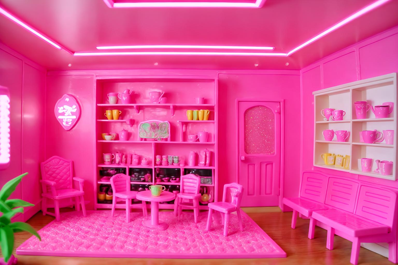 hot pink-style (coffee shop interior) . with barbie sofa and barbie closet and barbie bold rosy hues like fuchsia and magenta and barbie plastic interior and hot pink barbie colors and barbie style interior and hot pink barbie walls and barbie glitter and sparkle. . cinematic photo, highly detailed, cinematic lighting, ultra-detailed, ultrarealistic, photorealism, 8k. hot pink interior design style. masterpiece, cinematic light, ultrarealistic+, photorealistic+, 8k, raw photo, realistic, sharp focus on eyes, (symmetrical eyes), (intact eyes), hyperrealistic, highest quality, best quality, , highly detailed, masterpiece, best quality, extremely detailed 8k wallpaper, masterpiece, best quality, ultra-detailed, best shadow, detailed background, detailed face, detailed eyes, high contrast, best illumination, detailed face, dulux, caustic, dynamic angle, detailed glow. dramatic lighting. highly detailed, insanely detailed hair, symmetrical, intricate details, professionally retouched, 8k high definition. strong bokeh. award winning photo.