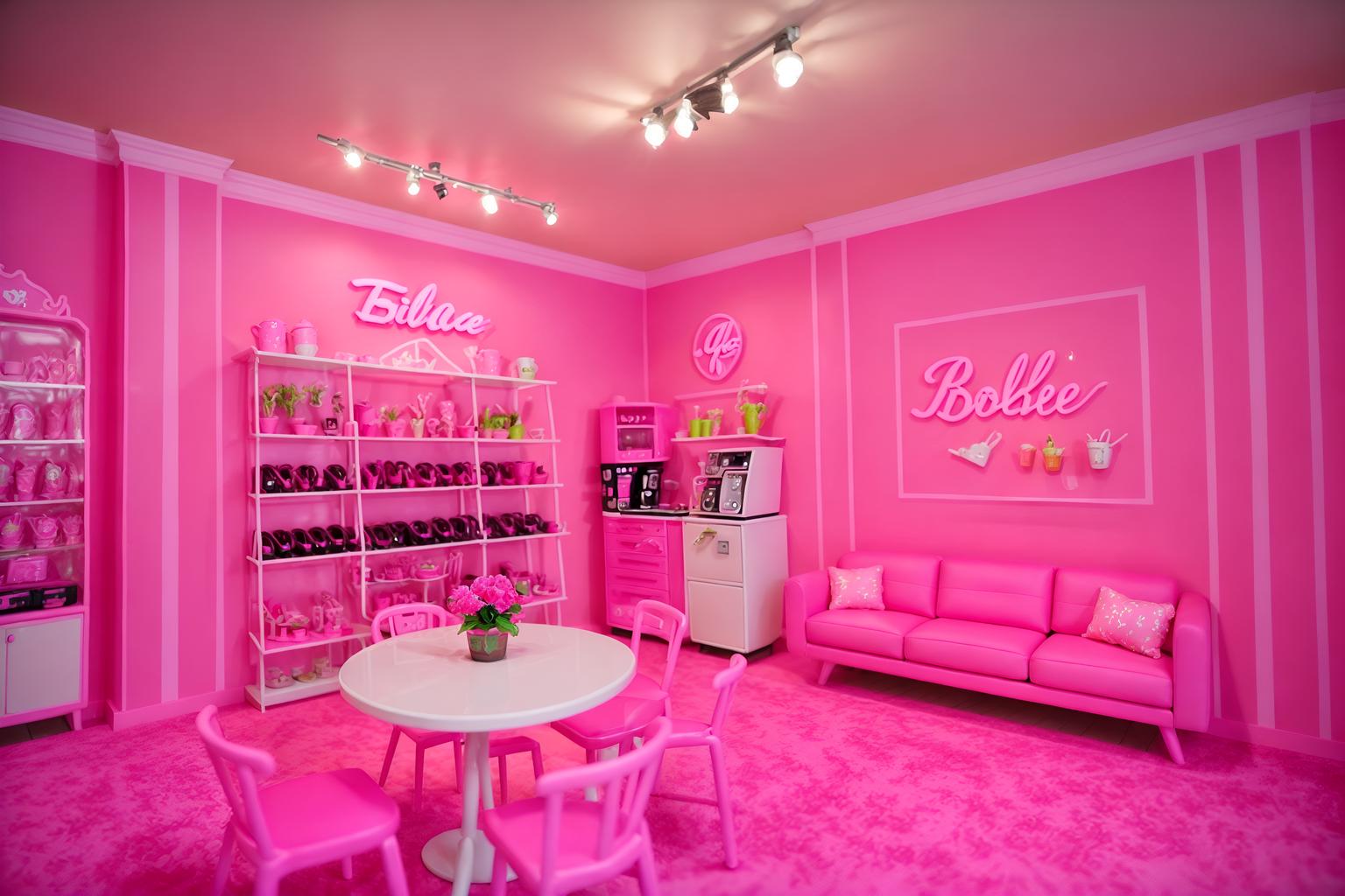 hot pink-style (coffee shop interior) . with barbie sofa and barbie closet and barbie bold rosy hues like fuchsia and magenta and barbie plastic interior and hot pink barbie colors and barbie style interior and hot pink barbie walls and barbie glitter and sparkle. . cinematic photo, highly detailed, cinematic lighting, ultra-detailed, ultrarealistic, photorealism, 8k. hot pink interior design style. masterpiece, cinematic light, ultrarealistic+, photorealistic+, 8k, raw photo, realistic, sharp focus on eyes, (symmetrical eyes), (intact eyes), hyperrealistic, highest quality, best quality, , highly detailed, masterpiece, best quality, extremely detailed 8k wallpaper, masterpiece, best quality, ultra-detailed, best shadow, detailed background, detailed face, detailed eyes, high contrast, best illumination, detailed face, dulux, caustic, dynamic angle, detailed glow. dramatic lighting. highly detailed, insanely detailed hair, symmetrical, intricate details, professionally retouched, 8k high definition. strong bokeh. award winning photo.