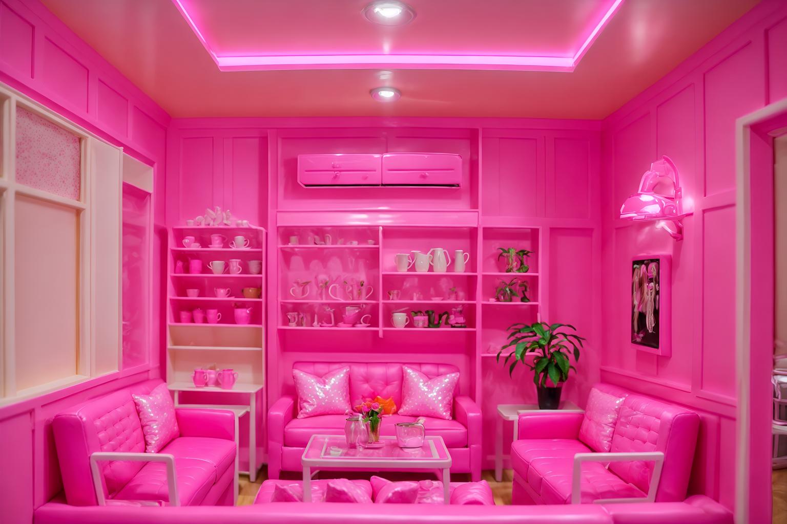 hot pink-style (coffee shop interior) . with barbie sofa and barbie closet and barbie bold rosy hues like fuchsia and magenta and barbie plastic interior and hot pink barbie colors and barbie style interior and hot pink barbie walls and barbie glitter and sparkle. . cinematic photo, highly detailed, cinematic lighting, ultra-detailed, ultrarealistic, photorealism, 8k. hot pink interior design style. masterpiece, cinematic light, ultrarealistic+, photorealistic+, 8k, raw photo, realistic, sharp focus on eyes, (symmetrical eyes), (intact eyes), hyperrealistic, highest quality, best quality, , highly detailed, masterpiece, best quality, extremely detailed 8k wallpaper, masterpiece, best quality, ultra-detailed, best shadow, detailed background, detailed face, detailed eyes, high contrast, best illumination, detailed face, dulux, caustic, dynamic angle, detailed glow. dramatic lighting. highly detailed, insanely detailed hair, symmetrical, intricate details, professionally retouched, 8k high definition. strong bokeh. award winning photo.