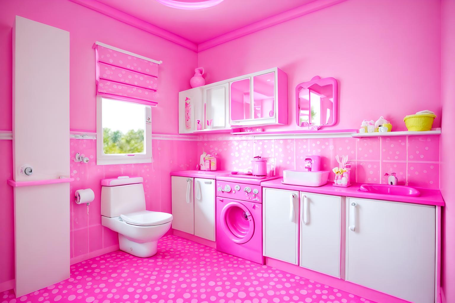 hot pink-style (toilet interior) with sink with tap and toilet with toilet seat up and toilet paper hanger and sink with tap. . with barbie style interior and barbie bold rosy hues like fuchsia and magenta and hot pink barbie walls and hot pink barbie colors and barbie glitter and sparkle and barbie chairs and barbie sofa and barbie closet. . cinematic photo, highly detailed, cinematic lighting, ultra-detailed, ultrarealistic, photorealism, 8k. hot pink interior design style. masterpiece, cinematic light, ultrarealistic+, photorealistic+, 8k, raw photo, realistic, sharp focus on eyes, (symmetrical eyes), (intact eyes), hyperrealistic, highest quality, best quality, , highly detailed, masterpiece, best quality, extremely detailed 8k wallpaper, masterpiece, best quality, ultra-detailed, best shadow, detailed background, detailed face, detailed eyes, high contrast, best illumination, detailed face, dulux, caustic, dynamic angle, detailed glow. dramatic lighting. highly detailed, insanely detailed hair, symmetrical, intricate details, professionally retouched, 8k high definition. strong bokeh. award winning photo.