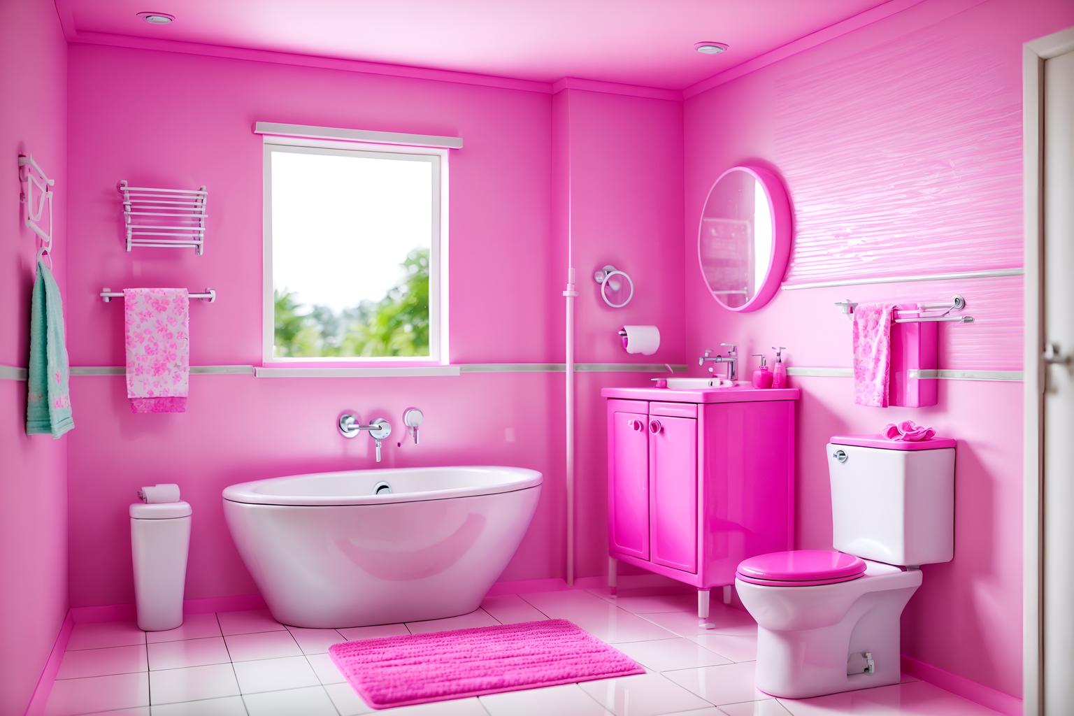 hot pink-style (toilet interior) with sink with tap and toilet with toilet seat up and toilet paper hanger and sink with tap. . with barbie style interior and barbie bold rosy hues like fuchsia and magenta and hot pink barbie walls and hot pink barbie colors and barbie glitter and sparkle and barbie chairs and barbie sofa and barbie closet. . cinematic photo, highly detailed, cinematic lighting, ultra-detailed, ultrarealistic, photorealism, 8k. hot pink interior design style. masterpiece, cinematic light, ultrarealistic+, photorealistic+, 8k, raw photo, realistic, sharp focus on eyes, (symmetrical eyes), (intact eyes), hyperrealistic, highest quality, best quality, , highly detailed, masterpiece, best quality, extremely detailed 8k wallpaper, masterpiece, best quality, ultra-detailed, best shadow, detailed background, detailed face, detailed eyes, high contrast, best illumination, detailed face, dulux, caustic, dynamic angle, detailed glow. dramatic lighting. highly detailed, insanely detailed hair, symmetrical, intricate details, professionally retouched, 8k high definition. strong bokeh. award winning photo.