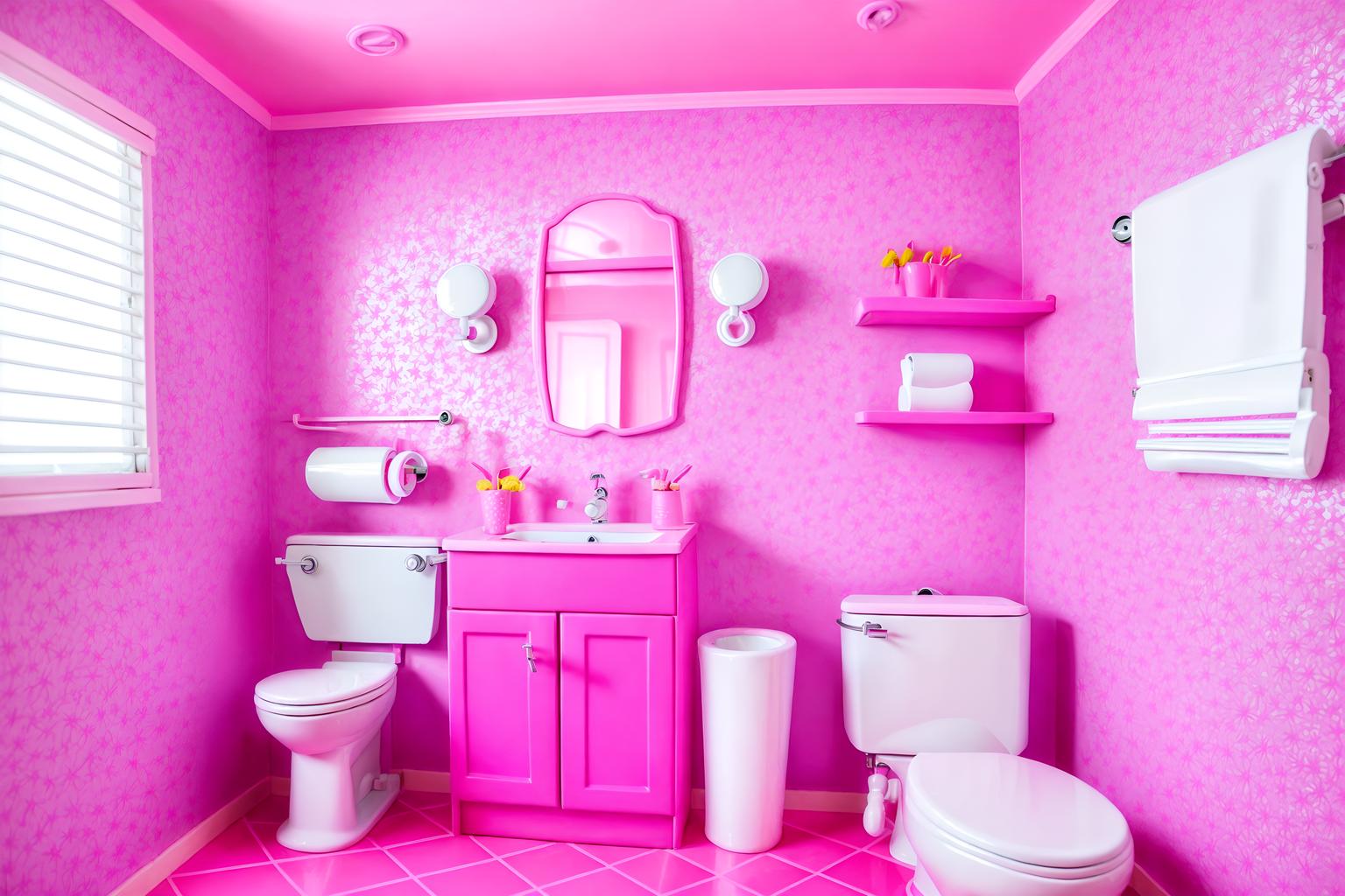 hot pink-style (toilet interior) with sink with tap and toilet with toilet seat up and toilet paper hanger and sink with tap. . with barbie style interior and barbie bold rosy hues like fuchsia and magenta and hot pink barbie walls and hot pink barbie colors and barbie glitter and sparkle and barbie chairs and barbie sofa and barbie closet. . cinematic photo, highly detailed, cinematic lighting, ultra-detailed, ultrarealistic, photorealism, 8k. hot pink interior design style. masterpiece, cinematic light, ultrarealistic+, photorealistic+, 8k, raw photo, realistic, sharp focus on eyes, (symmetrical eyes), (intact eyes), hyperrealistic, highest quality, best quality, , highly detailed, masterpiece, best quality, extremely detailed 8k wallpaper, masterpiece, best quality, ultra-detailed, best shadow, detailed background, detailed face, detailed eyes, high contrast, best illumination, detailed face, dulux, caustic, dynamic angle, detailed glow. dramatic lighting. highly detailed, insanely detailed hair, symmetrical, intricate details, professionally retouched, 8k high definition. strong bokeh. award winning photo.