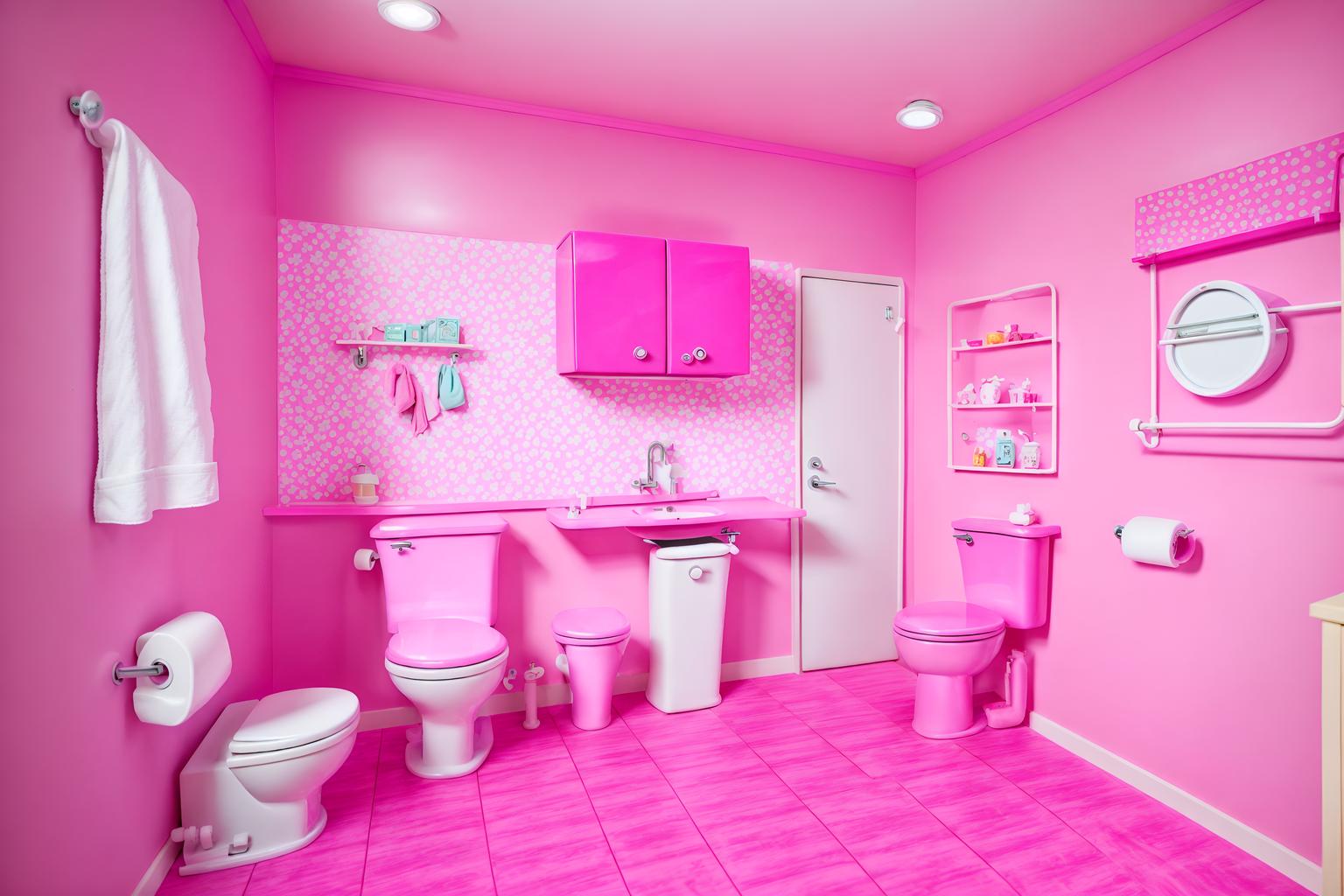 hot pink-style (toilet interior) with sink with tap and toilet with toilet seat up and toilet paper hanger and sink with tap. . with barbie style interior and barbie bold rosy hues like fuchsia and magenta and hot pink barbie walls and hot pink barbie colors and barbie glitter and sparkle and barbie chairs and barbie sofa and barbie closet. . cinematic photo, highly detailed, cinematic lighting, ultra-detailed, ultrarealistic, photorealism, 8k. hot pink interior design style. masterpiece, cinematic light, ultrarealistic+, photorealistic+, 8k, raw photo, realistic, sharp focus on eyes, (symmetrical eyes), (intact eyes), hyperrealistic, highest quality, best quality, , highly detailed, masterpiece, best quality, extremely detailed 8k wallpaper, masterpiece, best quality, ultra-detailed, best shadow, detailed background, detailed face, detailed eyes, high contrast, best illumination, detailed face, dulux, caustic, dynamic angle, detailed glow. dramatic lighting. highly detailed, insanely detailed hair, symmetrical, intricate details, professionally retouched, 8k high definition. strong bokeh. award winning photo.