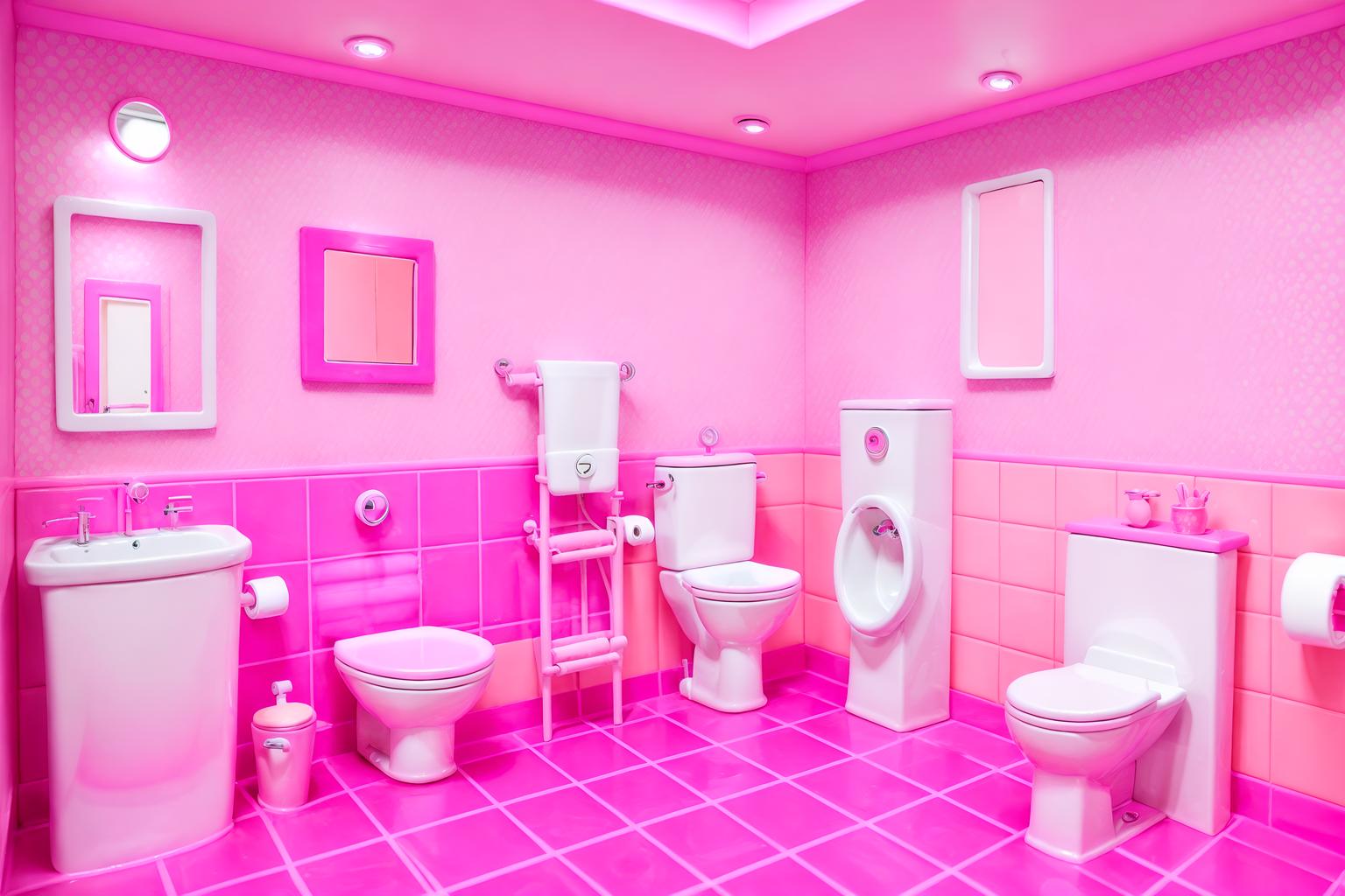 hot pink-style (toilet interior) with sink with tap and toilet with toilet seat up and toilet paper hanger and sink with tap. . with barbie style interior and barbie bold rosy hues like fuchsia and magenta and hot pink barbie walls and hot pink barbie colors and barbie glitter and sparkle and barbie chairs and barbie sofa and barbie closet. . cinematic photo, highly detailed, cinematic lighting, ultra-detailed, ultrarealistic, photorealism, 8k. hot pink interior design style. masterpiece, cinematic light, ultrarealistic+, photorealistic+, 8k, raw photo, realistic, sharp focus on eyes, (symmetrical eyes), (intact eyes), hyperrealistic, highest quality, best quality, , highly detailed, masterpiece, best quality, extremely detailed 8k wallpaper, masterpiece, best quality, ultra-detailed, best shadow, detailed background, detailed face, detailed eyes, high contrast, best illumination, detailed face, dulux, caustic, dynamic angle, detailed glow. dramatic lighting. highly detailed, insanely detailed hair, symmetrical, intricate details, professionally retouched, 8k high definition. strong bokeh. award winning photo.