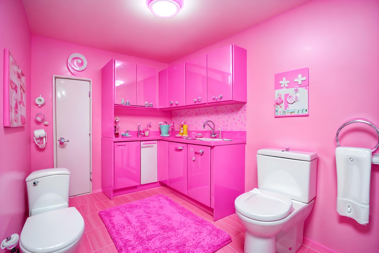 hot pink-style (toilet interior) with sink with tap and toilet with toilet seat up and toilet paper hanger and sink with tap. . with barbie style interior and barbie bold rosy hues like fuchsia and magenta and hot pink barbie walls and hot pink barbie colors and barbie glitter and sparkle and barbie chairs and barbie sofa and barbie closet. . cinematic photo, highly detailed, cinematic lighting, ultra-detailed, ultrarealistic, photorealism, 8k. hot pink interior design style. masterpiece, cinematic light, ultrarealistic+, photorealistic+, 8k, raw photo, realistic, sharp focus on eyes, (symmetrical eyes), (intact eyes), hyperrealistic, highest quality, best quality, , highly detailed, masterpiece, best quality, extremely detailed 8k wallpaper, masterpiece, best quality, ultra-detailed, best shadow, detailed background, detailed face, detailed eyes, high contrast, best illumination, detailed face, dulux, caustic, dynamic angle, detailed glow. dramatic lighting. highly detailed, insanely detailed hair, symmetrical, intricate details, professionally retouched, 8k high definition. strong bokeh. award winning photo.