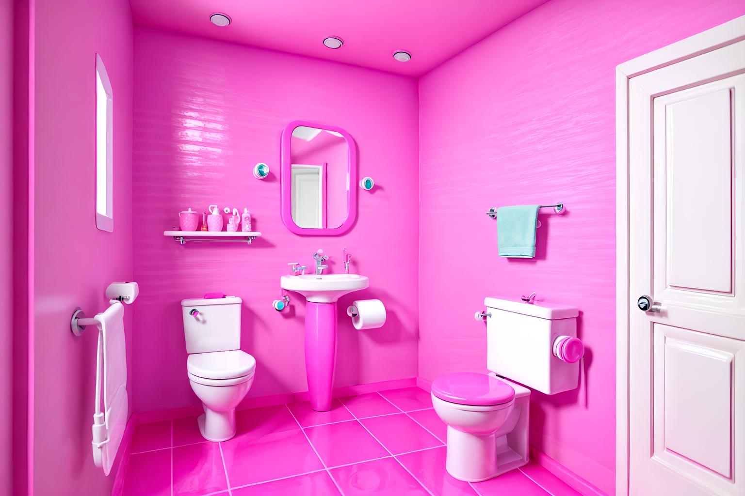 hot pink-style (toilet interior) with sink with tap and toilet with toilet seat up and toilet paper hanger and sink with tap. . with barbie style interior and barbie bold rosy hues like fuchsia and magenta and hot pink barbie walls and hot pink barbie colors and barbie glitter and sparkle and barbie chairs and barbie sofa and barbie closet. . cinematic photo, highly detailed, cinematic lighting, ultra-detailed, ultrarealistic, photorealism, 8k. hot pink interior design style. masterpiece, cinematic light, ultrarealistic+, photorealistic+, 8k, raw photo, realistic, sharp focus on eyes, (symmetrical eyes), (intact eyes), hyperrealistic, highest quality, best quality, , highly detailed, masterpiece, best quality, extremely detailed 8k wallpaper, masterpiece, best quality, ultra-detailed, best shadow, detailed background, detailed face, detailed eyes, high contrast, best illumination, detailed face, dulux, caustic, dynamic angle, detailed glow. dramatic lighting. highly detailed, insanely detailed hair, symmetrical, intricate details, professionally retouched, 8k high definition. strong bokeh. award winning photo.