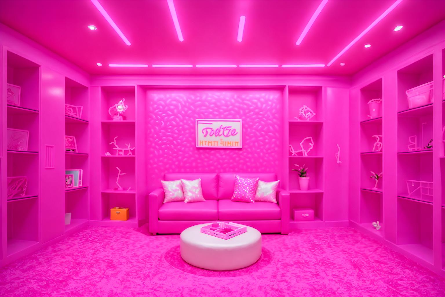 hot pink-style (exhibition space interior) . with hot pink barbie walls and barbie glitter and sparkle and hot pink barbie colors and barbie plastic interior and barbie sofa and barbie closet and barbie style interior and barbie bold rosy hues like fuchsia and magenta. . cinematic photo, highly detailed, cinematic lighting, ultra-detailed, ultrarealistic, photorealism, 8k. hot pink interior design style. masterpiece, cinematic light, ultrarealistic+, photorealistic+, 8k, raw photo, realistic, sharp focus on eyes, (symmetrical eyes), (intact eyes), hyperrealistic, highest quality, best quality, , highly detailed, masterpiece, best quality, extremely detailed 8k wallpaper, masterpiece, best quality, ultra-detailed, best shadow, detailed background, detailed face, detailed eyes, high contrast, best illumination, detailed face, dulux, caustic, dynamic angle, detailed glow. dramatic lighting. highly detailed, insanely detailed hair, symmetrical, intricate details, professionally retouched, 8k high definition. strong bokeh. award winning photo.