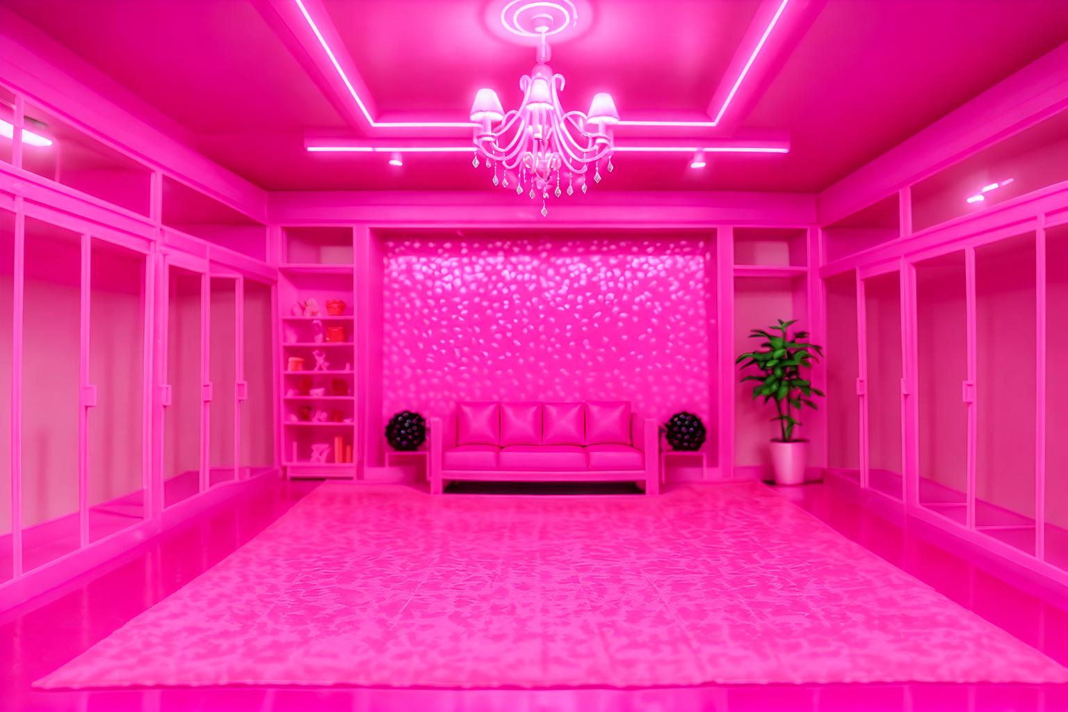 hot pink-style (exhibition space interior) . with hot pink barbie walls and barbie glitter and sparkle and hot pink barbie colors and barbie plastic interior and barbie sofa and barbie closet and barbie style interior and barbie bold rosy hues like fuchsia and magenta. . cinematic photo, highly detailed, cinematic lighting, ultra-detailed, ultrarealistic, photorealism, 8k. hot pink interior design style. masterpiece, cinematic light, ultrarealistic+, photorealistic+, 8k, raw photo, realistic, sharp focus on eyes, (symmetrical eyes), (intact eyes), hyperrealistic, highest quality, best quality, , highly detailed, masterpiece, best quality, extremely detailed 8k wallpaper, masterpiece, best quality, ultra-detailed, best shadow, detailed background, detailed face, detailed eyes, high contrast, best illumination, detailed face, dulux, caustic, dynamic angle, detailed glow. dramatic lighting. highly detailed, insanely detailed hair, symmetrical, intricate details, professionally retouched, 8k high definition. strong bokeh. award winning photo.