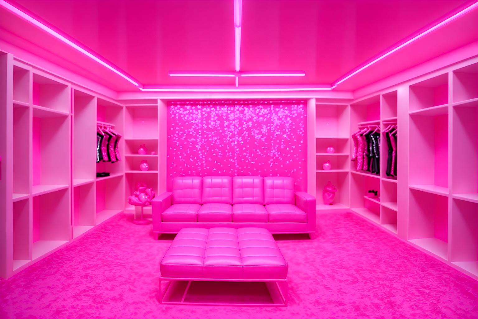 hot pink-style (exhibition space interior) . with hot pink barbie walls and barbie glitter and sparkle and hot pink barbie colors and barbie plastic interior and barbie sofa and barbie closet and barbie style interior and barbie bold rosy hues like fuchsia and magenta. . cinematic photo, highly detailed, cinematic lighting, ultra-detailed, ultrarealistic, photorealism, 8k. hot pink interior design style. masterpiece, cinematic light, ultrarealistic+, photorealistic+, 8k, raw photo, realistic, sharp focus on eyes, (symmetrical eyes), (intact eyes), hyperrealistic, highest quality, best quality, , highly detailed, masterpiece, best quality, extremely detailed 8k wallpaper, masterpiece, best quality, ultra-detailed, best shadow, detailed background, detailed face, detailed eyes, high contrast, best illumination, detailed face, dulux, caustic, dynamic angle, detailed glow. dramatic lighting. highly detailed, insanely detailed hair, symmetrical, intricate details, professionally retouched, 8k high definition. strong bokeh. award winning photo.