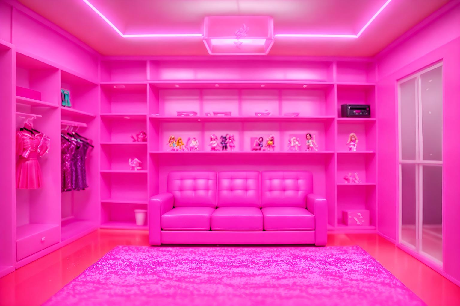 hot pink-style (exhibition space interior) . with hot pink barbie walls and barbie glitter and sparkle and hot pink barbie colors and barbie plastic interior and barbie sofa and barbie closet and barbie style interior and barbie bold rosy hues like fuchsia and magenta. . cinematic photo, highly detailed, cinematic lighting, ultra-detailed, ultrarealistic, photorealism, 8k. hot pink interior design style. masterpiece, cinematic light, ultrarealistic+, photorealistic+, 8k, raw photo, realistic, sharp focus on eyes, (symmetrical eyes), (intact eyes), hyperrealistic, highest quality, best quality, , highly detailed, masterpiece, best quality, extremely detailed 8k wallpaper, masterpiece, best quality, ultra-detailed, best shadow, detailed background, detailed face, detailed eyes, high contrast, best illumination, detailed face, dulux, caustic, dynamic angle, detailed glow. dramatic lighting. highly detailed, insanely detailed hair, symmetrical, intricate details, professionally retouched, 8k high definition. strong bokeh. award winning photo.