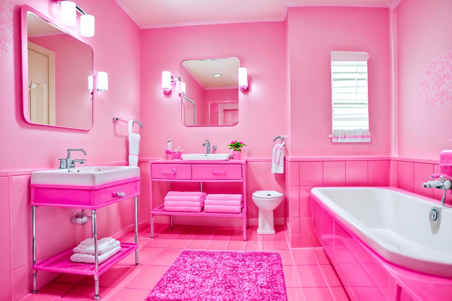 hot pink-style (hotel bathroom interior) with bathroom sink with faucet and plant and shower and bathtub and mirror and bath rail and toilet seat and waste basket. . with hot pink barbie colors and barbie chairs and barbie bold rosy hues like fuchsia and magenta and barbie sofa and barbie style interior and barbie glitter and sparkle and barbie plastic interior and hot pink barbie walls. . cinematic photo, highly detailed, cinematic lighting, ultra-detailed, ultrarealistic, photorealism, 8k. hot pink interior design style. masterpiece, cinematic light, ultrarealistic+, photorealistic+, 8k, raw photo, realistic, sharp focus on eyes, (symmetrical eyes), (intact eyes), hyperrealistic, highest quality, best quality, , highly detailed, masterpiece, best quality, extremely detailed 8k wallpaper, masterpiece, best quality, ultra-detailed, best shadow, detailed background, detailed face, detailed eyes, high contrast, best illumination, detailed face, dulux, caustic, dynamic angle, detailed glow. dramatic lighting. highly detailed, insanely detailed hair, symmetrical, intricate details, professionally retouched, 8k high definition. strong bokeh. award winning photo.