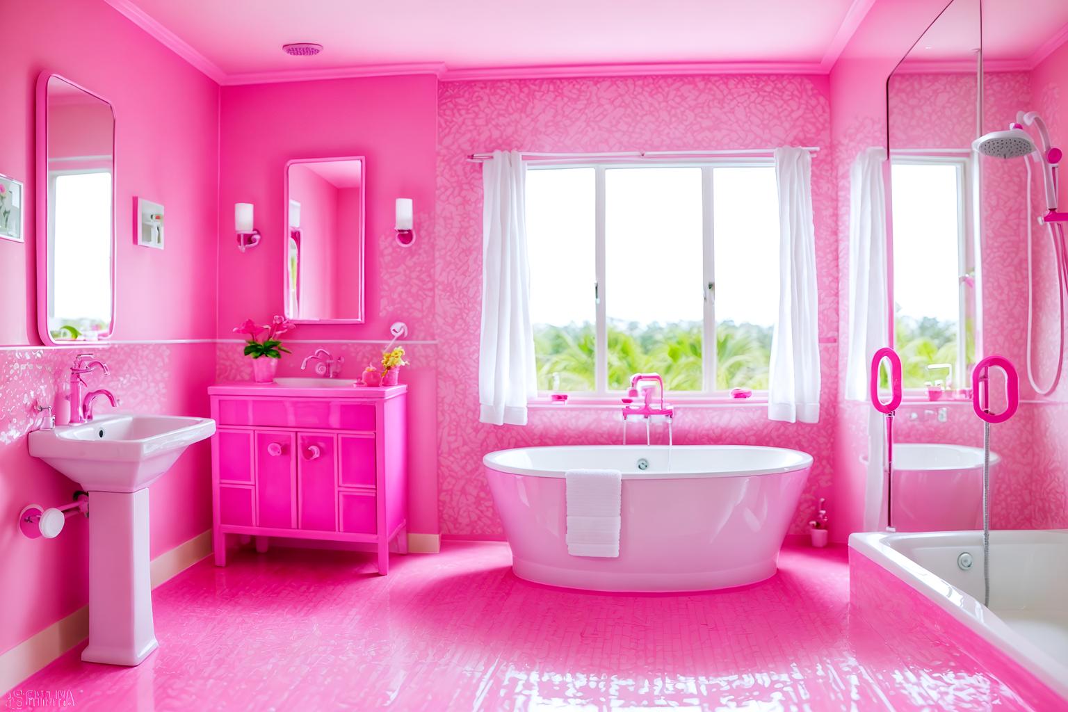 hot pink-style (hotel bathroom interior) with bathroom sink with faucet and plant and shower and bathtub and mirror and bath rail and toilet seat and waste basket. . with hot pink barbie colors and barbie chairs and barbie bold rosy hues like fuchsia and magenta and barbie sofa and barbie style interior and barbie glitter and sparkle and barbie plastic interior and hot pink barbie walls. . cinematic photo, highly detailed, cinematic lighting, ultra-detailed, ultrarealistic, photorealism, 8k. hot pink interior design style. masterpiece, cinematic light, ultrarealistic+, photorealistic+, 8k, raw photo, realistic, sharp focus on eyes, (symmetrical eyes), (intact eyes), hyperrealistic, highest quality, best quality, , highly detailed, masterpiece, best quality, extremely detailed 8k wallpaper, masterpiece, best quality, ultra-detailed, best shadow, detailed background, detailed face, detailed eyes, high contrast, best illumination, detailed face, dulux, caustic, dynamic angle, detailed glow. dramatic lighting. highly detailed, insanely detailed hair, symmetrical, intricate details, professionally retouched, 8k high definition. strong bokeh. award winning photo.