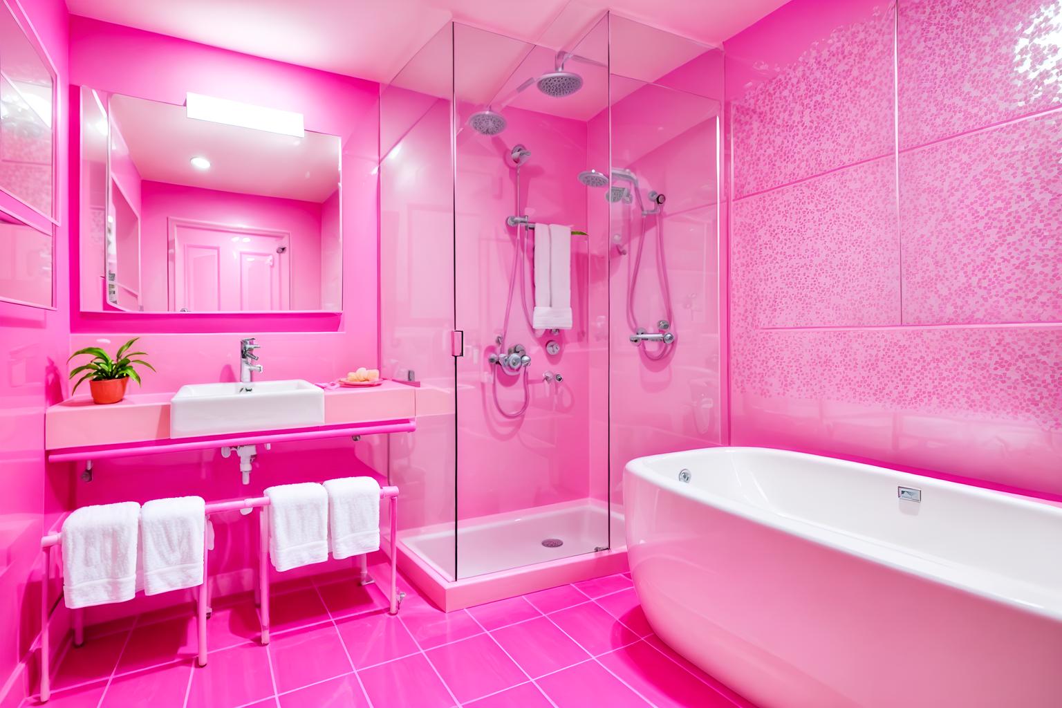 hot pink-style (hotel bathroom interior) with bathroom sink with faucet and plant and shower and bathtub and mirror and bath rail and toilet seat and waste basket. . with hot pink barbie colors and barbie chairs and barbie bold rosy hues like fuchsia and magenta and barbie sofa and barbie style interior and barbie glitter and sparkle and barbie plastic interior and hot pink barbie walls. . cinematic photo, highly detailed, cinematic lighting, ultra-detailed, ultrarealistic, photorealism, 8k. hot pink interior design style. masterpiece, cinematic light, ultrarealistic+, photorealistic+, 8k, raw photo, realistic, sharp focus on eyes, (symmetrical eyes), (intact eyes), hyperrealistic, highest quality, best quality, , highly detailed, masterpiece, best quality, extremely detailed 8k wallpaper, masterpiece, best quality, ultra-detailed, best shadow, detailed background, detailed face, detailed eyes, high contrast, best illumination, detailed face, dulux, caustic, dynamic angle, detailed glow. dramatic lighting. highly detailed, insanely detailed hair, symmetrical, intricate details, professionally retouched, 8k high definition. strong bokeh. award winning photo.