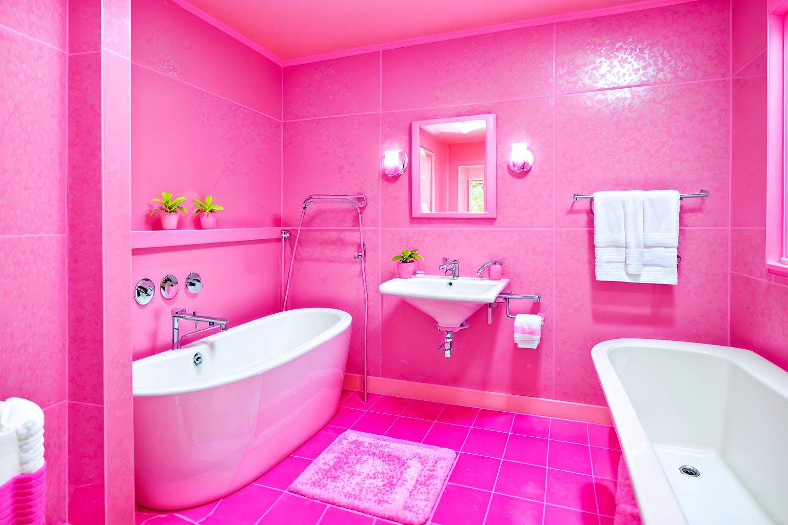 hot pink-style (hotel bathroom interior) with bathroom sink with faucet and plant and shower and bathtub and mirror and bath rail and toilet seat and waste basket. . with hot pink barbie colors and barbie chairs and barbie bold rosy hues like fuchsia and magenta and barbie sofa and barbie style interior and barbie glitter and sparkle and barbie plastic interior and hot pink barbie walls. . cinematic photo, highly detailed, cinematic lighting, ultra-detailed, ultrarealistic, photorealism, 8k. hot pink interior design style. masterpiece, cinematic light, ultrarealistic+, photorealistic+, 8k, raw photo, realistic, sharp focus on eyes, (symmetrical eyes), (intact eyes), hyperrealistic, highest quality, best quality, , highly detailed, masterpiece, best quality, extremely detailed 8k wallpaper, masterpiece, best quality, ultra-detailed, best shadow, detailed background, detailed face, detailed eyes, high contrast, best illumination, detailed face, dulux, caustic, dynamic angle, detailed glow. dramatic lighting. highly detailed, insanely detailed hair, symmetrical, intricate details, professionally retouched, 8k high definition. strong bokeh. award winning photo.