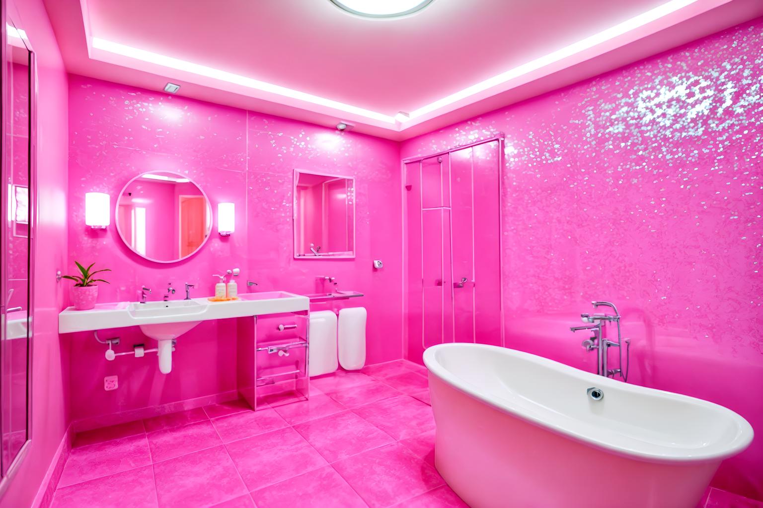 hot pink-style (hotel bathroom interior) with bathroom sink with faucet and plant and shower and bathtub and mirror and bath rail and toilet seat and waste basket. . with hot pink barbie colors and barbie chairs and barbie bold rosy hues like fuchsia and magenta and barbie sofa and barbie style interior and barbie glitter and sparkle and barbie plastic interior and hot pink barbie walls. . cinematic photo, highly detailed, cinematic lighting, ultra-detailed, ultrarealistic, photorealism, 8k. hot pink interior design style. masterpiece, cinematic light, ultrarealistic+, photorealistic+, 8k, raw photo, realistic, sharp focus on eyes, (symmetrical eyes), (intact eyes), hyperrealistic, highest quality, best quality, , highly detailed, masterpiece, best quality, extremely detailed 8k wallpaper, masterpiece, best quality, ultra-detailed, best shadow, detailed background, detailed face, detailed eyes, high contrast, best illumination, detailed face, dulux, caustic, dynamic angle, detailed glow. dramatic lighting. highly detailed, insanely detailed hair, symmetrical, intricate details, professionally retouched, 8k high definition. strong bokeh. award winning photo.