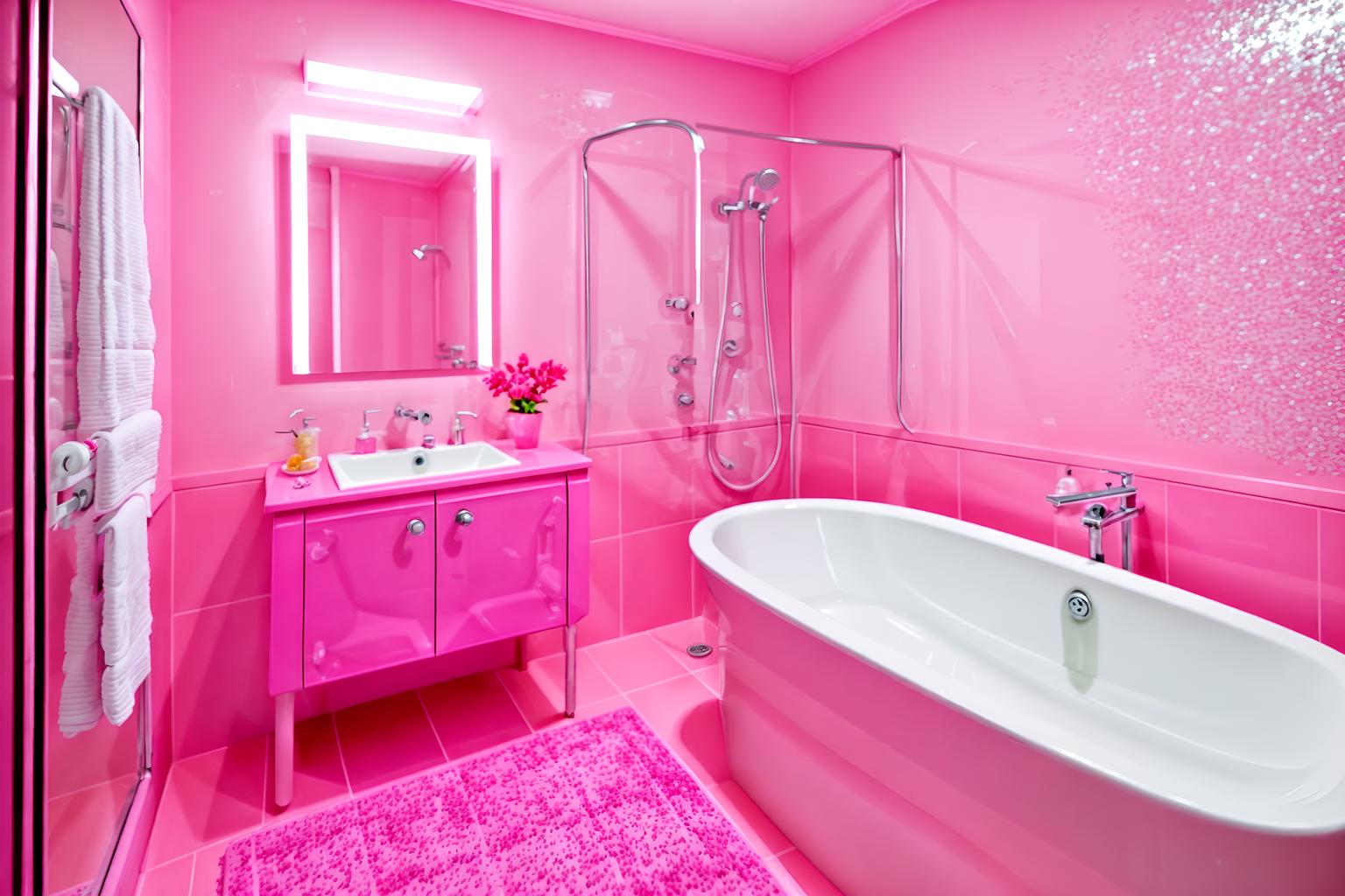 hot pink-style (hotel bathroom interior) with bathroom sink with faucet and plant and shower and bathtub and mirror and bath rail and toilet seat and waste basket. . with hot pink barbie colors and barbie chairs and barbie bold rosy hues like fuchsia and magenta and barbie sofa and barbie style interior and barbie glitter and sparkle and barbie plastic interior and hot pink barbie walls. . cinematic photo, highly detailed, cinematic lighting, ultra-detailed, ultrarealistic, photorealism, 8k. hot pink interior design style. masterpiece, cinematic light, ultrarealistic+, photorealistic+, 8k, raw photo, realistic, sharp focus on eyes, (symmetrical eyes), (intact eyes), hyperrealistic, highest quality, best quality, , highly detailed, masterpiece, best quality, extremely detailed 8k wallpaper, masterpiece, best quality, ultra-detailed, best shadow, detailed background, detailed face, detailed eyes, high contrast, best illumination, detailed face, dulux, caustic, dynamic angle, detailed glow. dramatic lighting. highly detailed, insanely detailed hair, symmetrical, intricate details, professionally retouched, 8k high definition. strong bokeh. award winning photo.