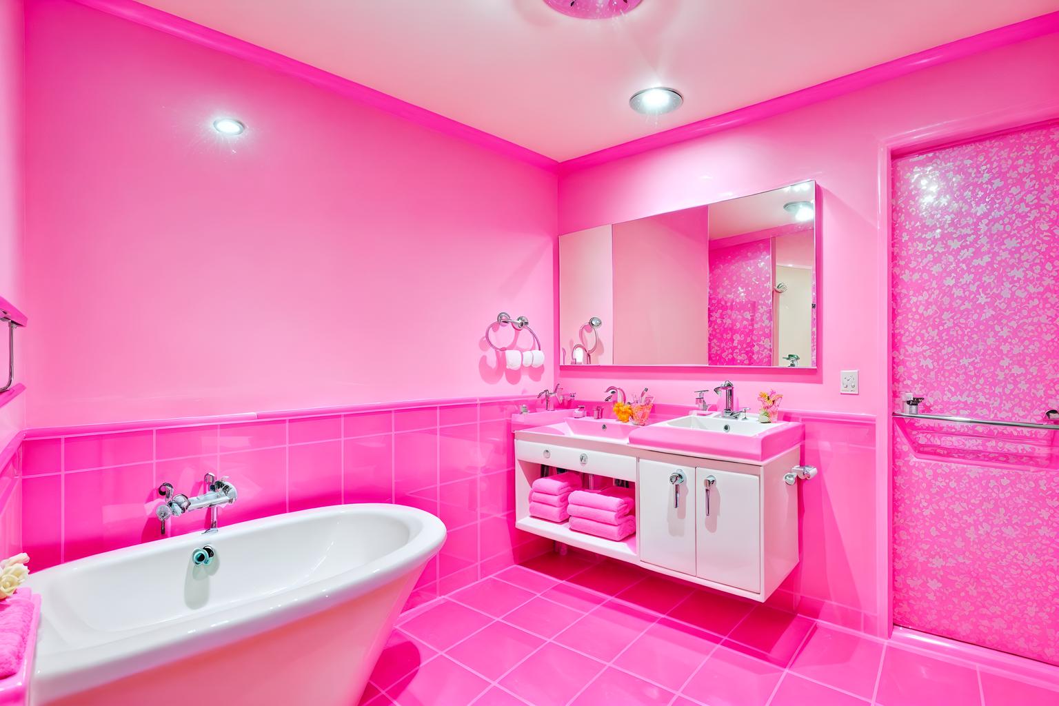 hot pink-style (hotel bathroom interior) with bathroom sink with faucet and plant and shower and bathtub and mirror and bath rail and toilet seat and waste basket. . with hot pink barbie colors and barbie chairs and barbie bold rosy hues like fuchsia and magenta and barbie sofa and barbie style interior and barbie glitter and sparkle and barbie plastic interior and hot pink barbie walls. . cinematic photo, highly detailed, cinematic lighting, ultra-detailed, ultrarealistic, photorealism, 8k. hot pink interior design style. masterpiece, cinematic light, ultrarealistic+, photorealistic+, 8k, raw photo, realistic, sharp focus on eyes, (symmetrical eyes), (intact eyes), hyperrealistic, highest quality, best quality, , highly detailed, masterpiece, best quality, extremely detailed 8k wallpaper, masterpiece, best quality, ultra-detailed, best shadow, detailed background, detailed face, detailed eyes, high contrast, best illumination, detailed face, dulux, caustic, dynamic angle, detailed glow. dramatic lighting. highly detailed, insanely detailed hair, symmetrical, intricate details, professionally retouched, 8k high definition. strong bokeh. award winning photo.