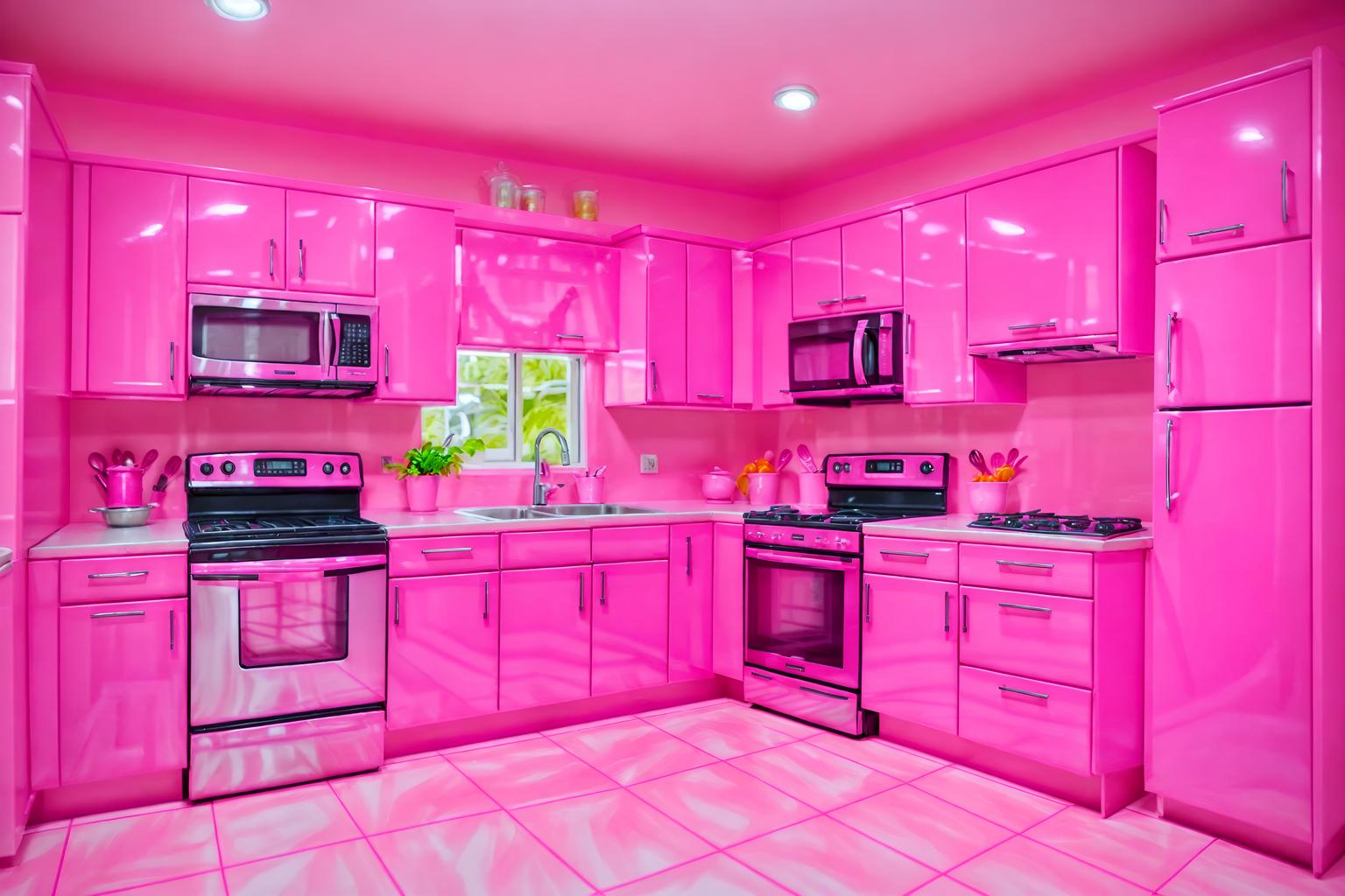 hot pink-style (kitchen interior) with kitchen cabinets and refrigerator and stove and sink and worktops and plant and kitchen cabinets. . with barbie bold rosy hues like fuchsia and magenta and hot pink barbie colors and barbie sofa and barbie plastic interior and hot pink barbie walls and barbie glitter and sparkle and barbie style interior and barbie chairs. . cinematic photo, highly detailed, cinematic lighting, ultra-detailed, ultrarealistic, photorealism, 8k. hot pink interior design style. masterpiece, cinematic light, ultrarealistic+, photorealistic+, 8k, raw photo, realistic, sharp focus on eyes, (symmetrical eyes), (intact eyes), hyperrealistic, highest quality, best quality, , highly detailed, masterpiece, best quality, extremely detailed 8k wallpaper, masterpiece, best quality, ultra-detailed, best shadow, detailed background, detailed face, detailed eyes, high contrast, best illumination, detailed face, dulux, caustic, dynamic angle, detailed glow. dramatic lighting. highly detailed, insanely detailed hair, symmetrical, intricate details, professionally retouched, 8k high definition. strong bokeh. award winning photo.