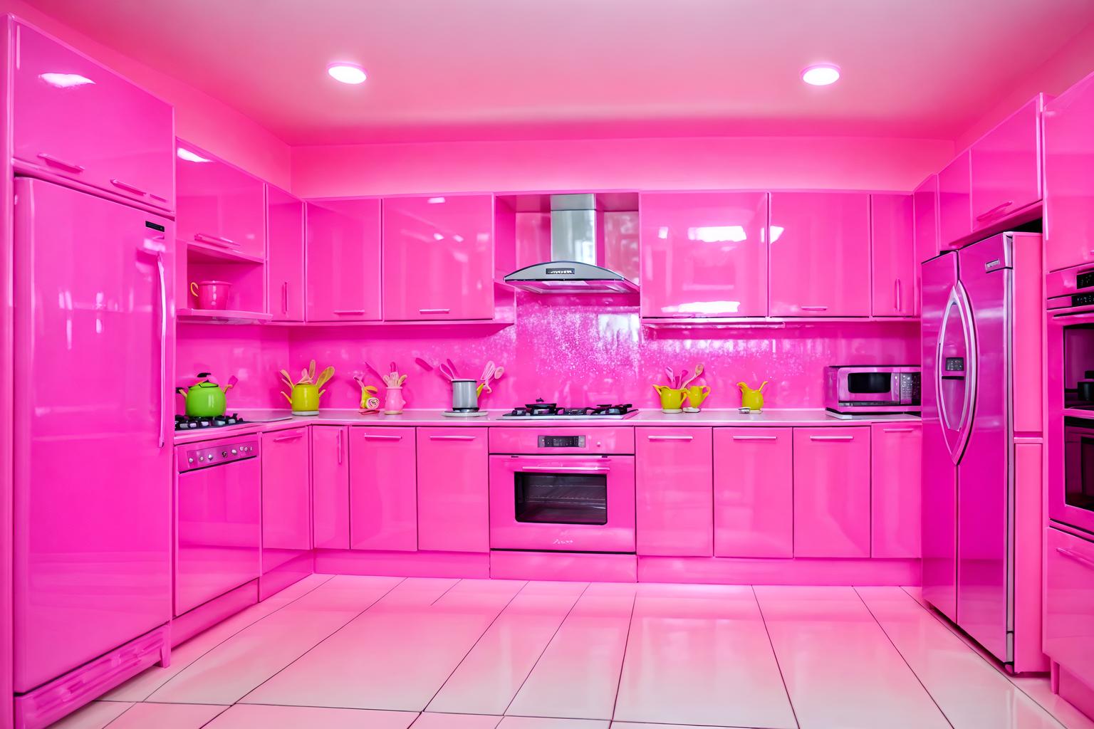 hot pink-style (kitchen interior) with kitchen cabinets and refrigerator and stove and sink and worktops and plant and kitchen cabinets. . with barbie bold rosy hues like fuchsia and magenta and hot pink barbie colors and barbie sofa and barbie plastic interior and hot pink barbie walls and barbie glitter and sparkle and barbie style interior and barbie chairs. . cinematic photo, highly detailed, cinematic lighting, ultra-detailed, ultrarealistic, photorealism, 8k. hot pink interior design style. masterpiece, cinematic light, ultrarealistic+, photorealistic+, 8k, raw photo, realistic, sharp focus on eyes, (symmetrical eyes), (intact eyes), hyperrealistic, highest quality, best quality, , highly detailed, masterpiece, best quality, extremely detailed 8k wallpaper, masterpiece, best quality, ultra-detailed, best shadow, detailed background, detailed face, detailed eyes, high contrast, best illumination, detailed face, dulux, caustic, dynamic angle, detailed glow. dramatic lighting. highly detailed, insanely detailed hair, symmetrical, intricate details, professionally retouched, 8k high definition. strong bokeh. award winning photo.