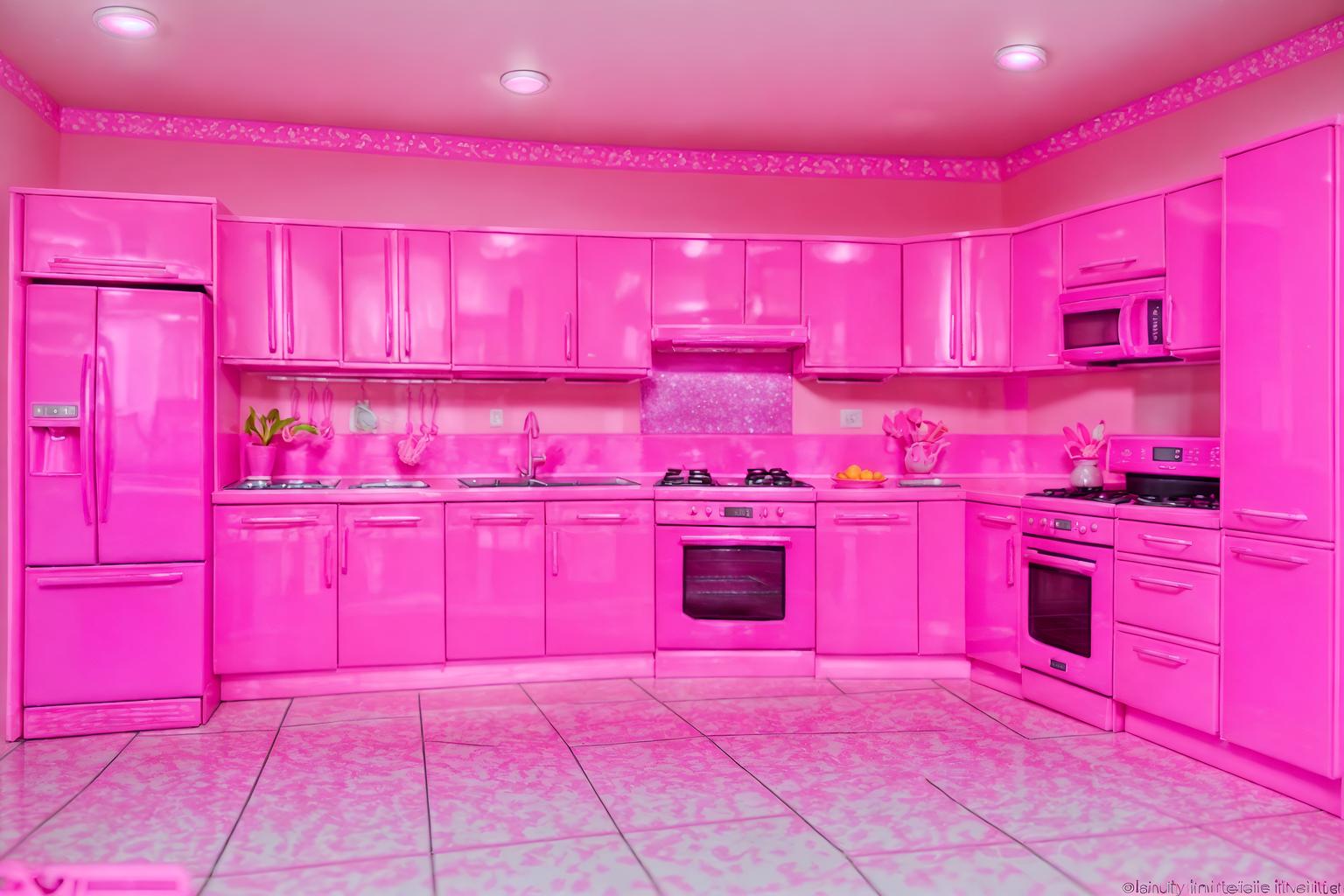 hot pink-style (kitchen interior) with kitchen cabinets and refrigerator and stove and sink and worktops and plant and kitchen cabinets. . with barbie bold rosy hues like fuchsia and magenta and hot pink barbie colors and barbie sofa and barbie plastic interior and hot pink barbie walls and barbie glitter and sparkle and barbie style interior and barbie chairs. . cinematic photo, highly detailed, cinematic lighting, ultra-detailed, ultrarealistic, photorealism, 8k. hot pink interior design style. masterpiece, cinematic light, ultrarealistic+, photorealistic+, 8k, raw photo, realistic, sharp focus on eyes, (symmetrical eyes), (intact eyes), hyperrealistic, highest quality, best quality, , highly detailed, masterpiece, best quality, extremely detailed 8k wallpaper, masterpiece, best quality, ultra-detailed, best shadow, detailed background, detailed face, detailed eyes, high contrast, best illumination, detailed face, dulux, caustic, dynamic angle, detailed glow. dramatic lighting. highly detailed, insanely detailed hair, symmetrical, intricate details, professionally retouched, 8k high definition. strong bokeh. award winning photo.