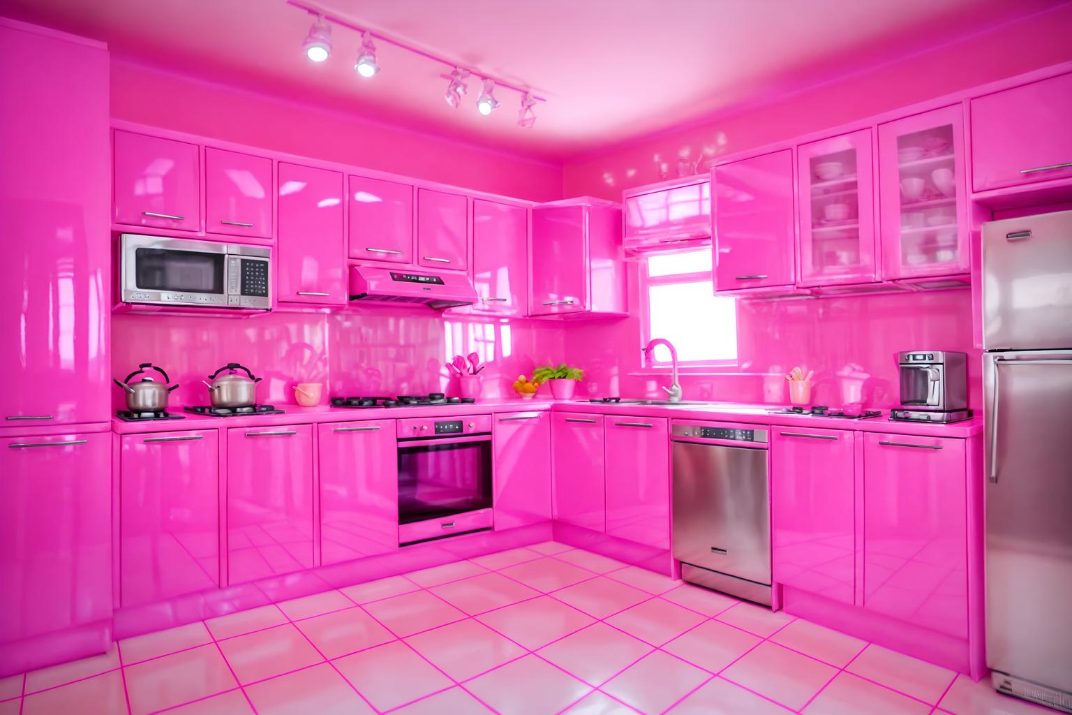 hot pink-style (kitchen interior) with kitchen cabinets and refrigerator and stove and sink and worktops and plant and kitchen cabinets. . with barbie bold rosy hues like fuchsia and magenta and hot pink barbie colors and barbie sofa and barbie plastic interior and hot pink barbie walls and barbie glitter and sparkle and barbie style interior and barbie chairs. . cinematic photo, highly detailed, cinematic lighting, ultra-detailed, ultrarealistic, photorealism, 8k. hot pink interior design style. masterpiece, cinematic light, ultrarealistic+, photorealistic+, 8k, raw photo, realistic, sharp focus on eyes, (symmetrical eyes), (intact eyes), hyperrealistic, highest quality, best quality, , highly detailed, masterpiece, best quality, extremely detailed 8k wallpaper, masterpiece, best quality, ultra-detailed, best shadow, detailed background, detailed face, detailed eyes, high contrast, best illumination, detailed face, dulux, caustic, dynamic angle, detailed glow. dramatic lighting. highly detailed, insanely detailed hair, symmetrical, intricate details, professionally retouched, 8k high definition. strong bokeh. award winning photo.