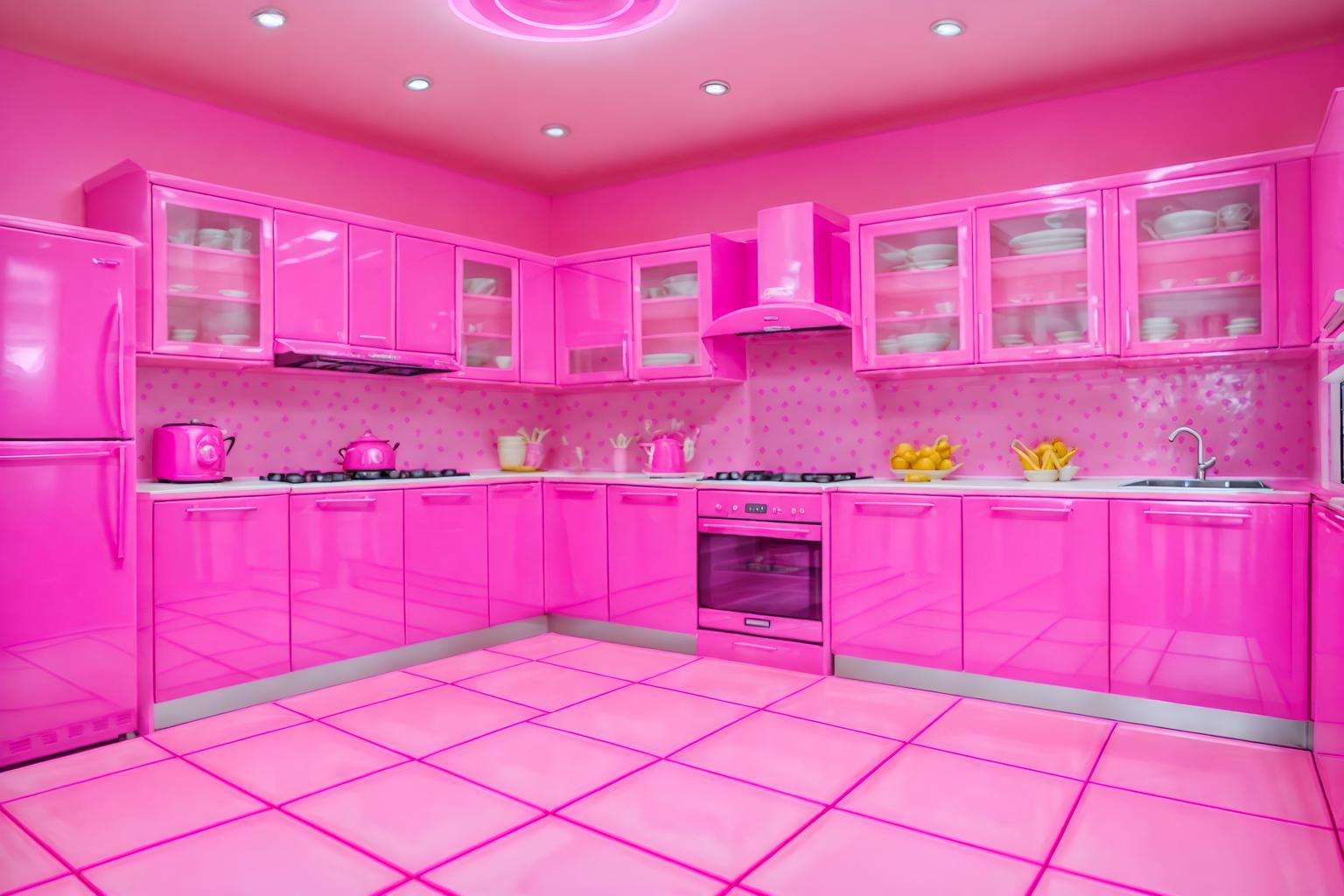 hot pink-style (kitchen interior) with kitchen cabinets and refrigerator and stove and sink and worktops and plant and kitchen cabinets. . with barbie bold rosy hues like fuchsia and magenta and hot pink barbie colors and barbie sofa and barbie plastic interior and hot pink barbie walls and barbie glitter and sparkle and barbie style interior and barbie chairs. . cinematic photo, highly detailed, cinematic lighting, ultra-detailed, ultrarealistic, photorealism, 8k. hot pink interior design style. masterpiece, cinematic light, ultrarealistic+, photorealistic+, 8k, raw photo, realistic, sharp focus on eyes, (symmetrical eyes), (intact eyes), hyperrealistic, highest quality, best quality, , highly detailed, masterpiece, best quality, extremely detailed 8k wallpaper, masterpiece, best quality, ultra-detailed, best shadow, detailed background, detailed face, detailed eyes, high contrast, best illumination, detailed face, dulux, caustic, dynamic angle, detailed glow. dramatic lighting. highly detailed, insanely detailed hair, symmetrical, intricate details, professionally retouched, 8k high definition. strong bokeh. award winning photo.