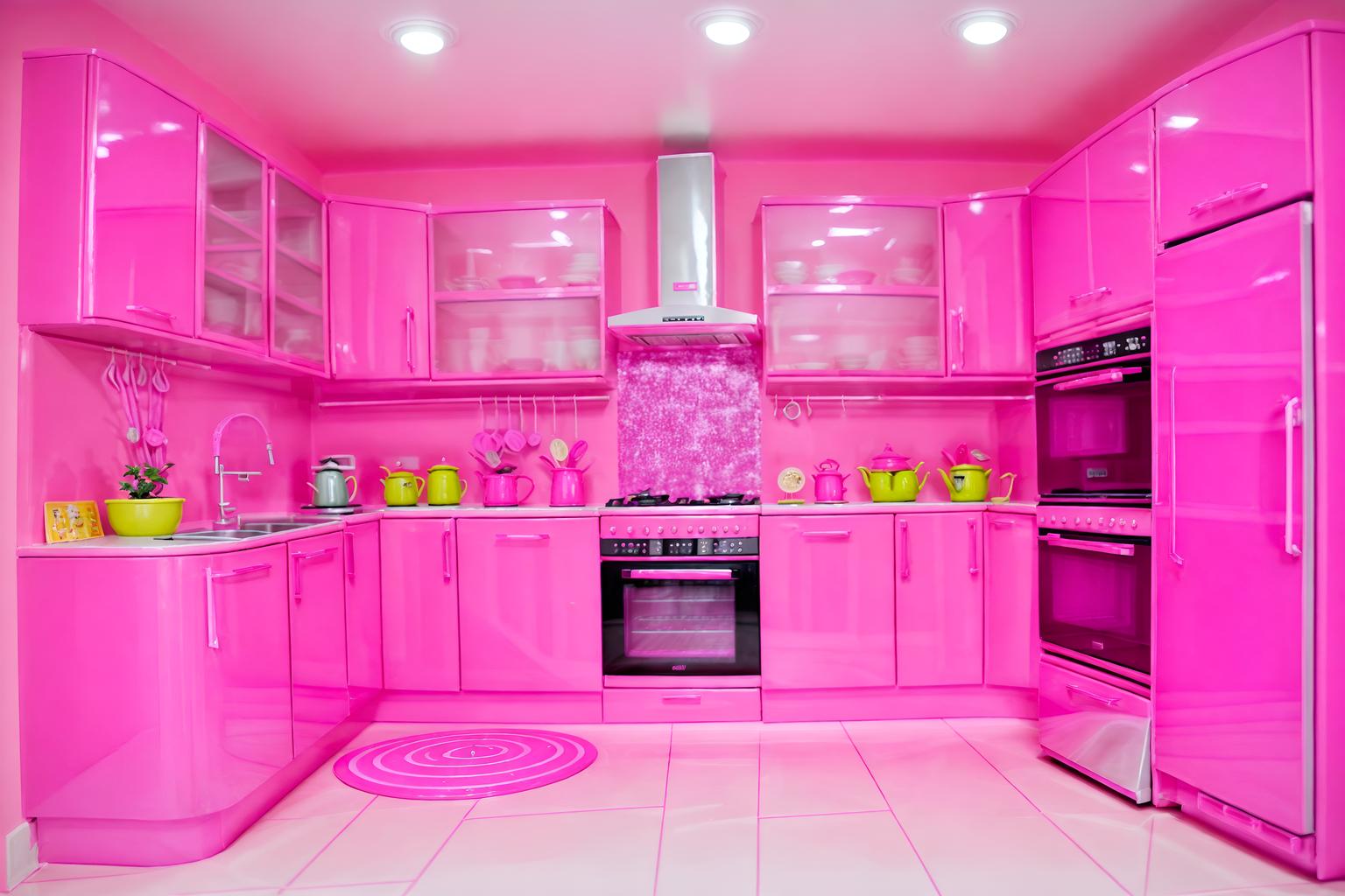 hot pink-style (kitchen interior) with kitchen cabinets and refrigerator and stove and sink and worktops and plant and kitchen cabinets. . with barbie bold rosy hues like fuchsia and magenta and hot pink barbie colors and barbie sofa and barbie plastic interior and hot pink barbie walls and barbie glitter and sparkle and barbie style interior and barbie chairs. . cinematic photo, highly detailed, cinematic lighting, ultra-detailed, ultrarealistic, photorealism, 8k. hot pink interior design style. masterpiece, cinematic light, ultrarealistic+, photorealistic+, 8k, raw photo, realistic, sharp focus on eyes, (symmetrical eyes), (intact eyes), hyperrealistic, highest quality, best quality, , highly detailed, masterpiece, best quality, extremely detailed 8k wallpaper, masterpiece, best quality, ultra-detailed, best shadow, detailed background, detailed face, detailed eyes, high contrast, best illumination, detailed face, dulux, caustic, dynamic angle, detailed glow. dramatic lighting. highly detailed, insanely detailed hair, symmetrical, intricate details, professionally retouched, 8k high definition. strong bokeh. award winning photo.